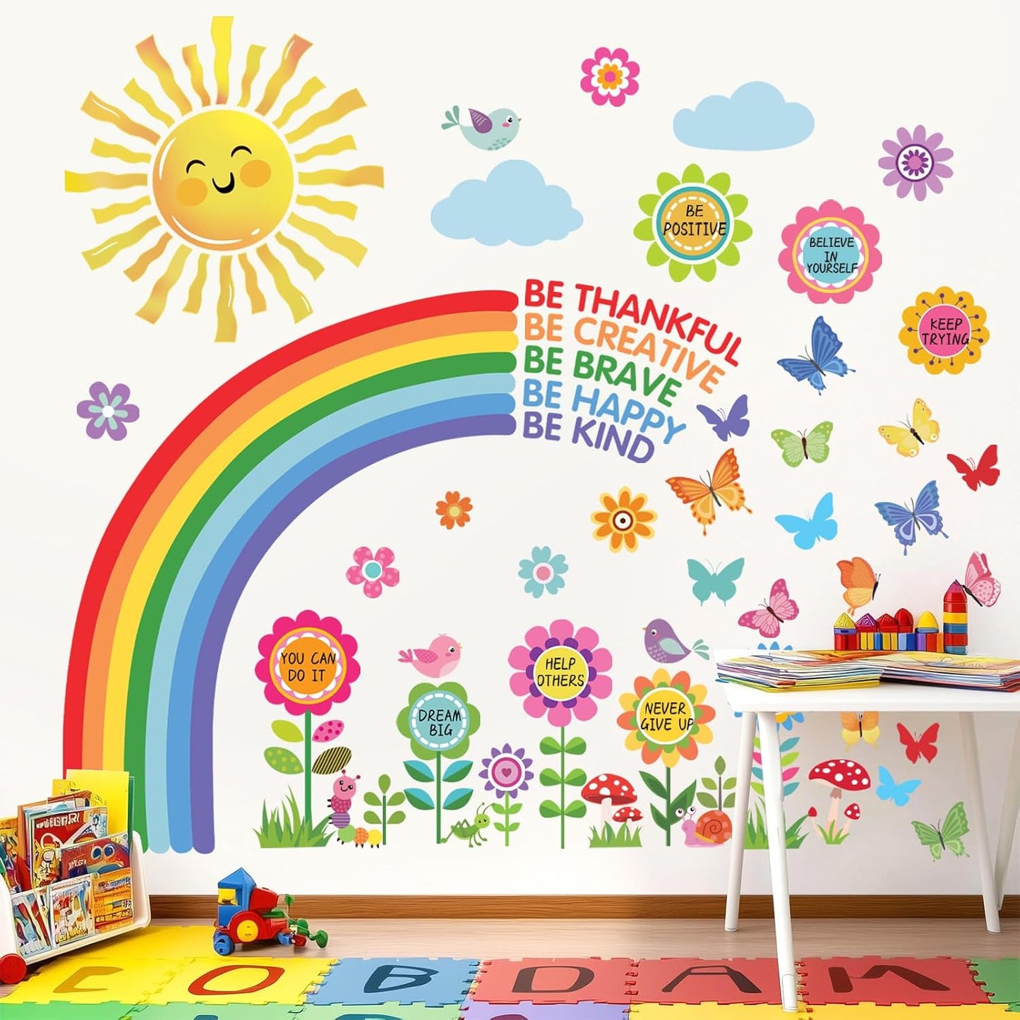 decalmile Rainbow Flower Sun Wall Stickers Reading Corner Inspirational Quotes Wall Decals Kids Playroom School Library Classroom Wall Decor