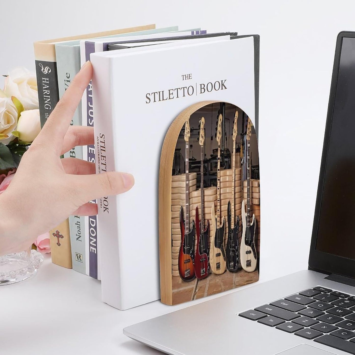 Guitar Bass Music Musical Instruments Wooden Bookend Non-Slip Book Ends Heavy Duty Book Stopper with Metal Base Books Holderd Decorative Bookends Stands Firmly for Office Supplies