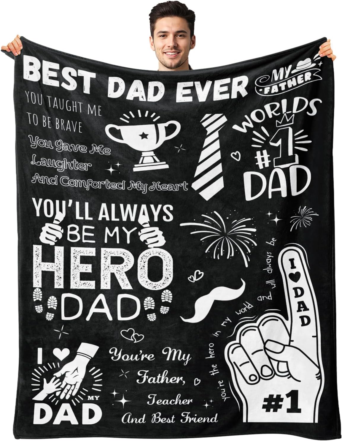Birthday Gifts for Dad from Daughter & Son - Best Dad Ever Blanket - Christmas Fathers Day Valentines Day Birthday Gifts for Dads Who Have Everything - to My Hero Dad's Blanket 50"x60" Black