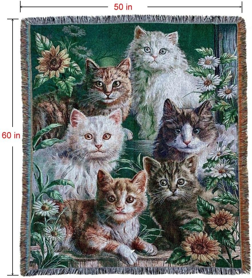 Garden Cat Flower Woven Tapestry Throw Blanket Wall Hanging Art Handicrafts Jacquard Multipurpose Soft Travel Mat Outdoor with Fringe Tassels 50 X 60 Inches
