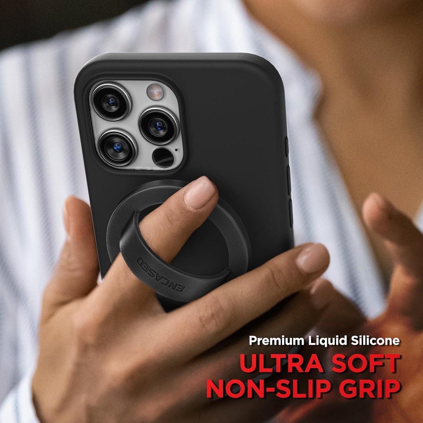 Encased Magnetic Phone Grip Holder Thin Silicone Finger Loop Ring, Compatible with Magsafe (Black)