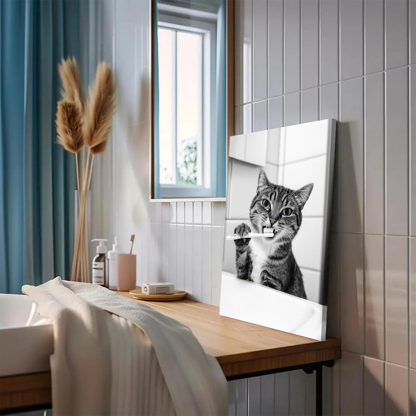 Framed Funny Black and White Cat Bathroom Wall Art Set of 3, Cute Cat on Toilet Pictures Wall Decor Paintings, Humor Animal Toilet Signs Canvas Prints for Bathroom Restroom 16x24 inch