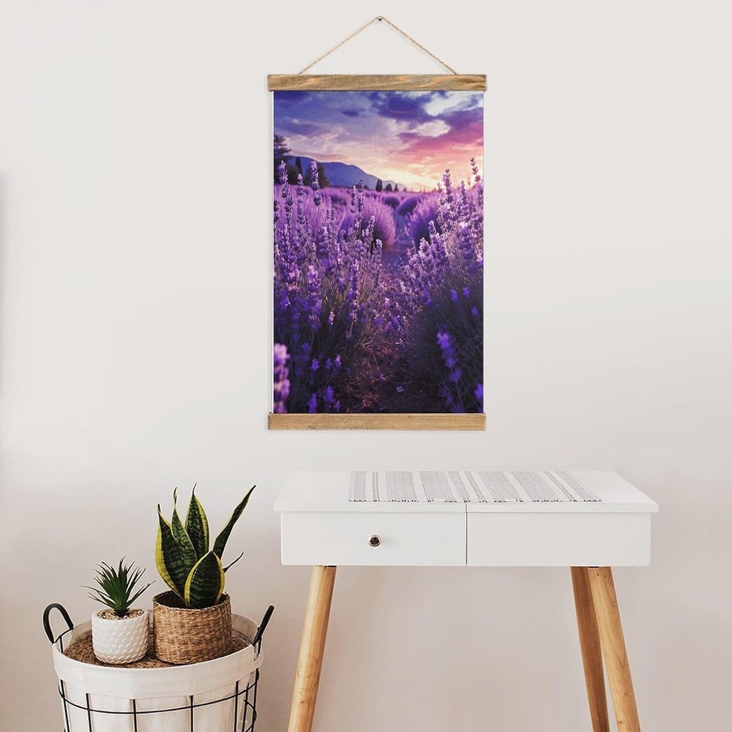 Vintage Purple Lavender Poster with Wooden Frame Personalized Linen Hanging Scroll Painting Rustic Wall Hanging Illustrative Modern Artwork Decor for Home Living Room Bedroom Office