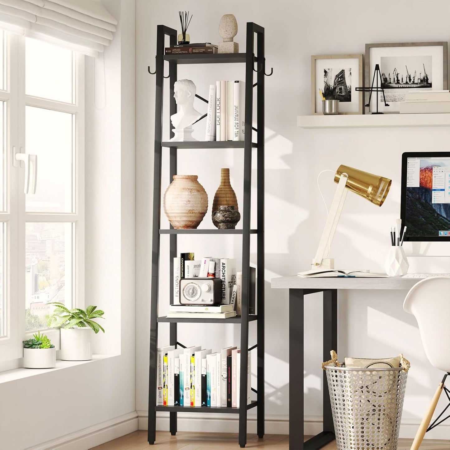 YMYNY 5 Tiers Ladder Bookcase, Industrial Narrow Bookshelf, Open Display Rack with 4 S Hooks, Metal Storage Shelves for Bedroom, Home Office, Living Room, Black, 63H*13.4L*11.8W, UHBC025B