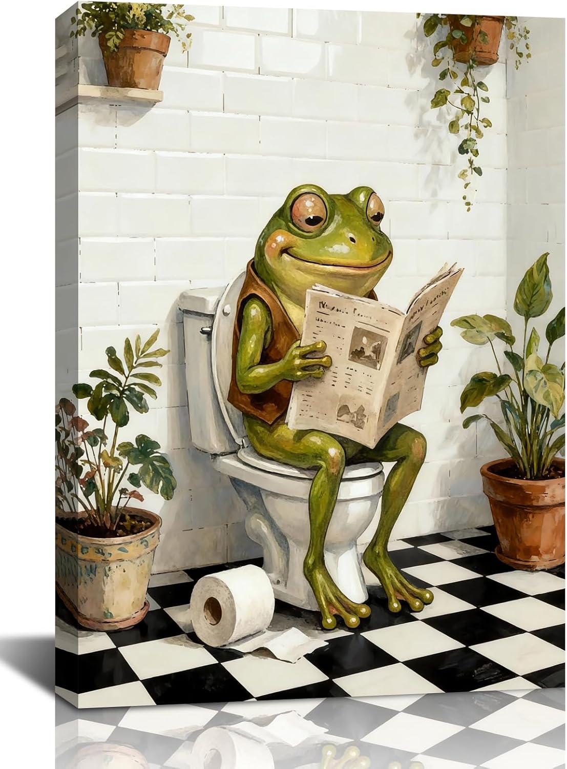 Funny Frog Bathroom Wall Art Prints,Bathroom Decor Wall Art Frog on Toilet Reading Newspaper Canvas Painting,Framed Animal Art Pictures For Bathroom Washroom Restroom Decor(12"X16")