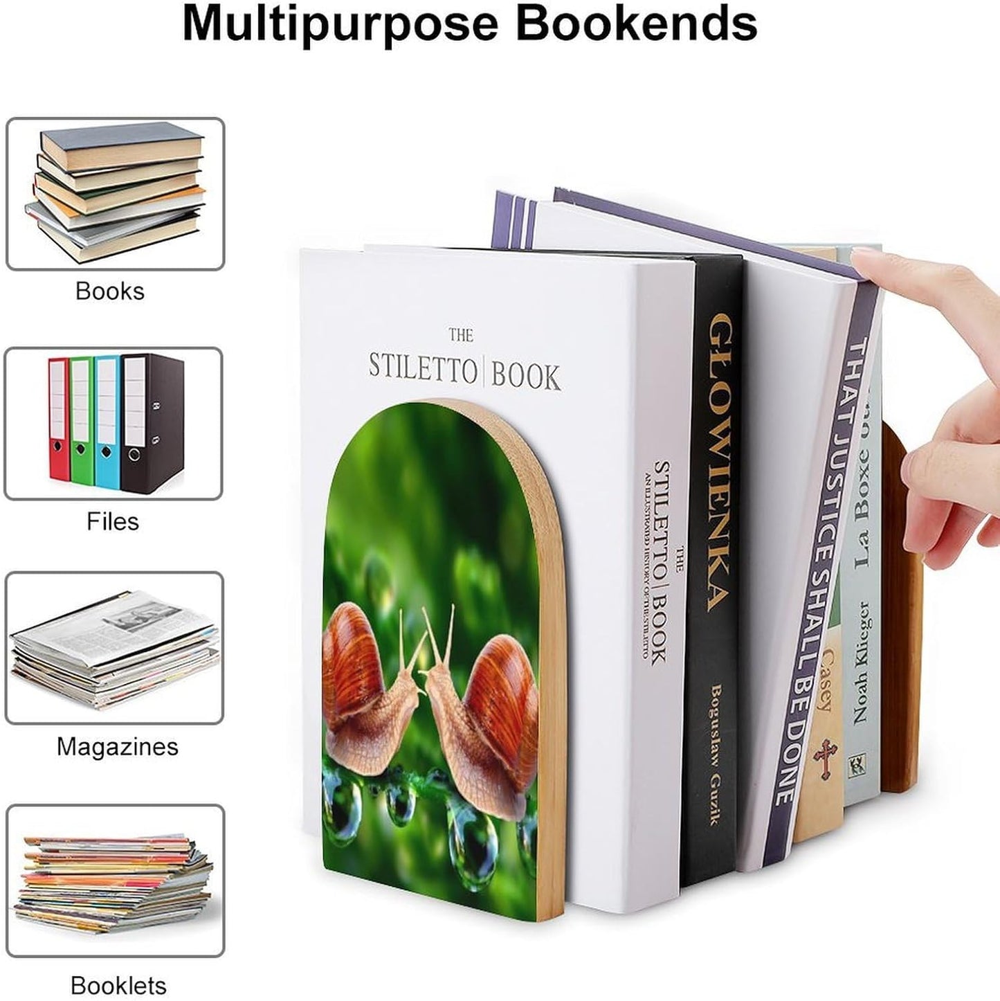 Wildlife Animal Snail Wooden Bookend Non-Slip Book Ends Heavy Duty Book Stopper with Metal Base Books Holderd Decorative Bookends Stands Firmly for Office Supplies