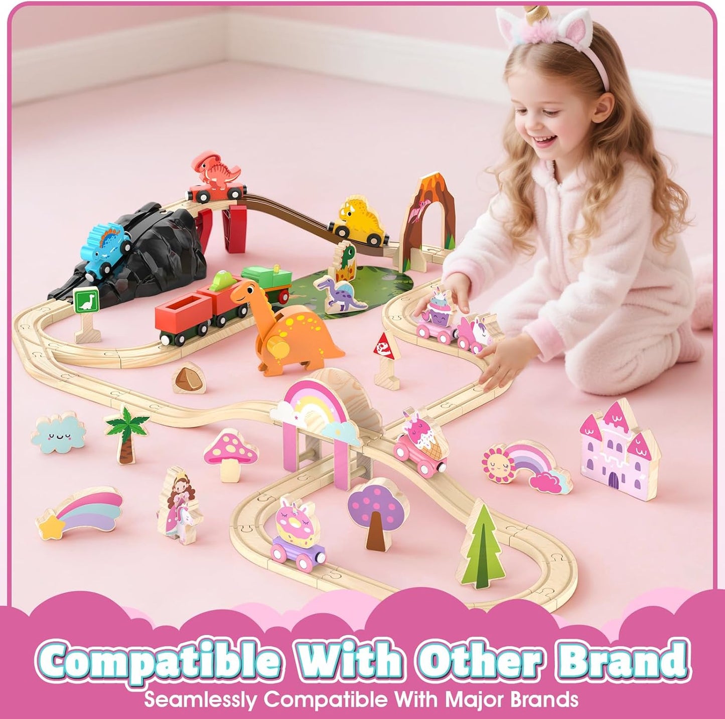 Lehoo Castle Wooden Train Set - Unicorn Train Set for Toddlers 2-4, Wooden Train Track Toddler Girl Toys, Pink Train Fantasy Toys for 3 4 5 6 7 Year Old Girl