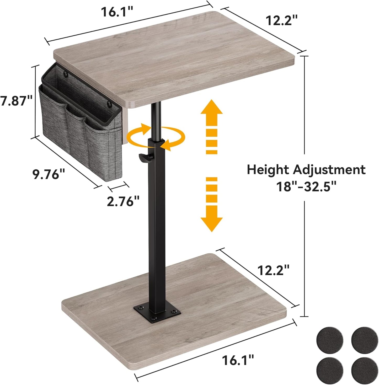 Vagusicc Sofa Armrest Tray Table for Couch, 360° Swivel Height Adjustable TV Tray Table for Small Spaces, Snack Side Table for Couch, Bed, Chair, C Shaped End Side Table for Eating, Reading, Laptop