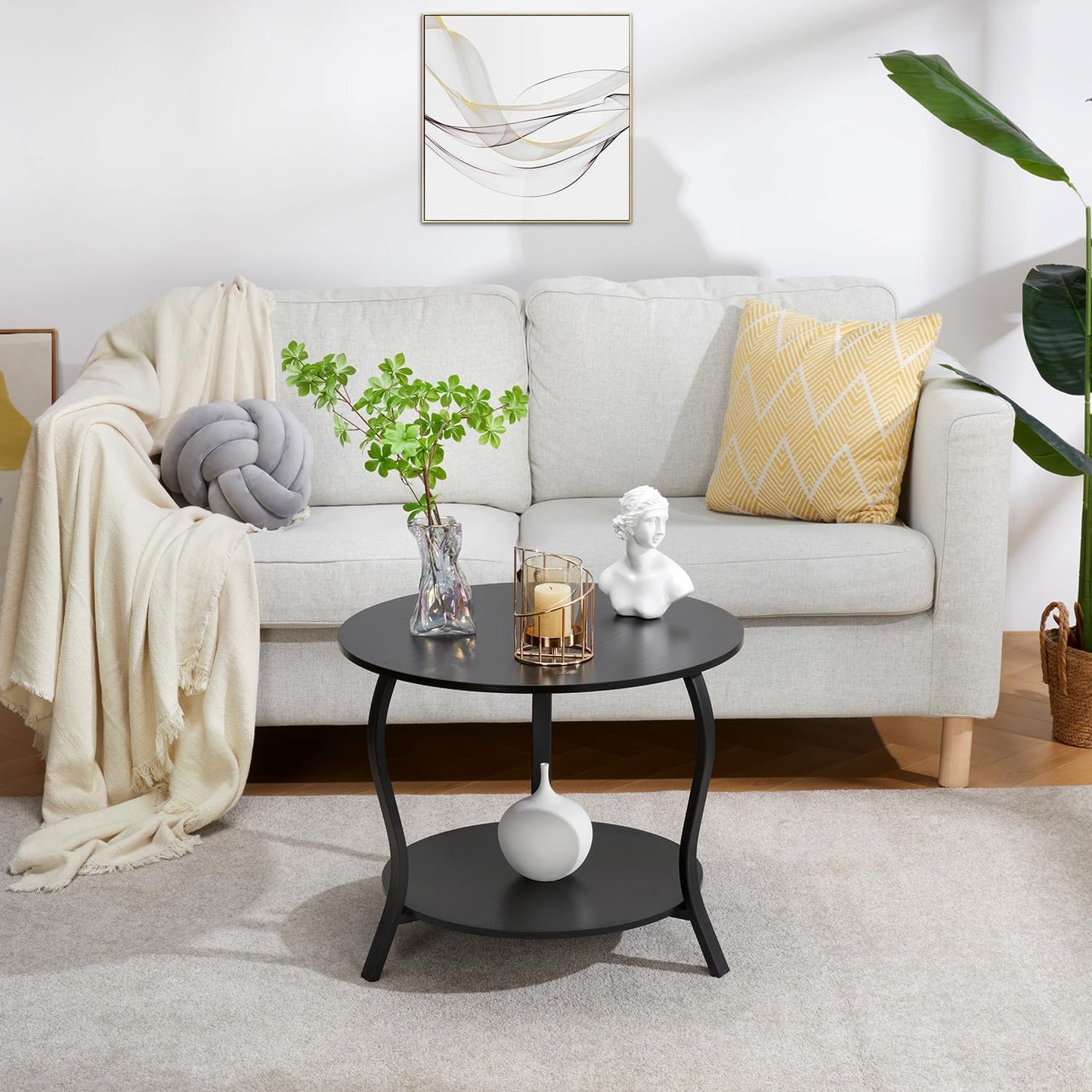 Small Round Coffee Table with Open Storage,23" 2-Tier Coffee Side Tables for Small Space, Accent Center Table Circle Sofa End Table with Wooden Table Top for Living Room Bedroom Apartment,Black