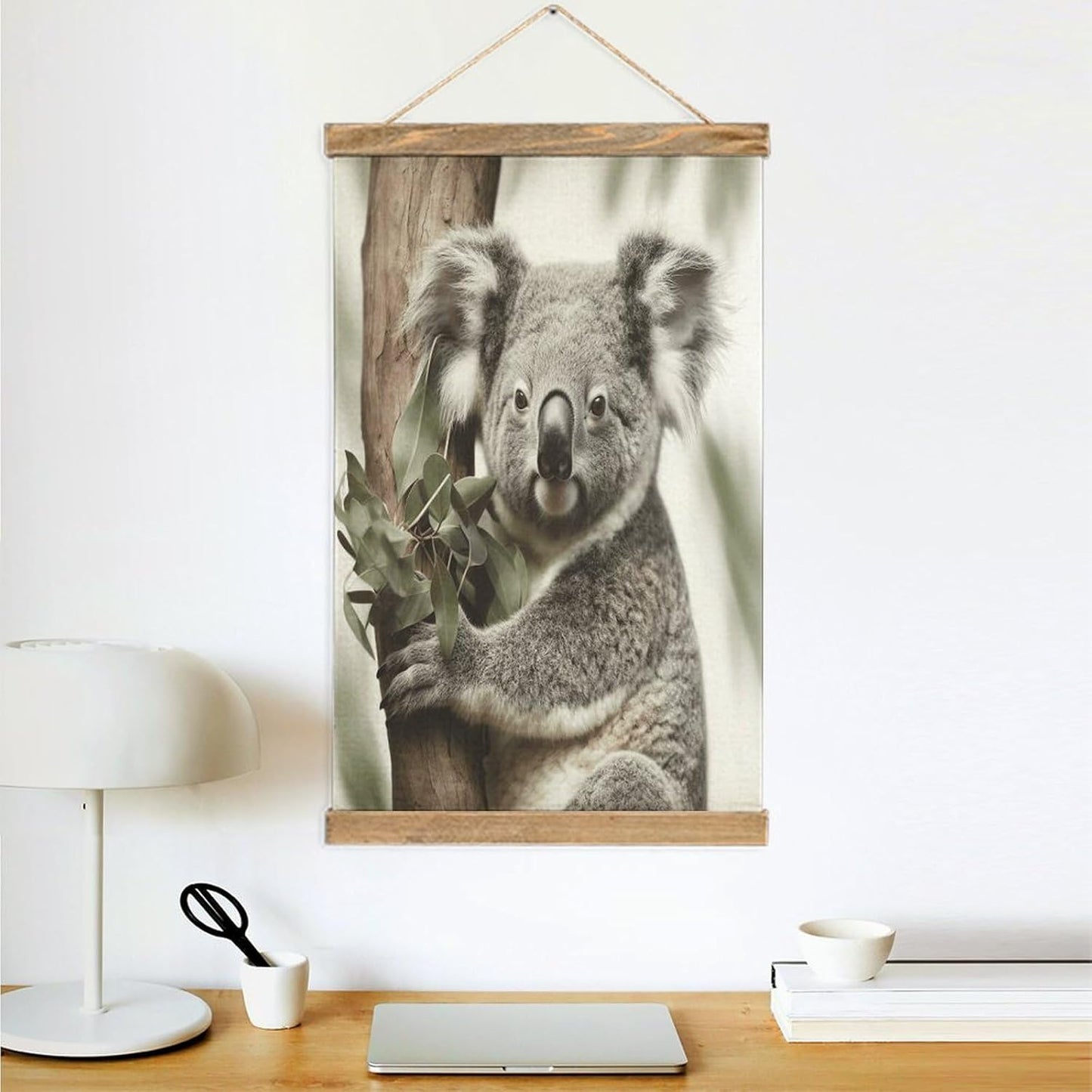 Vintage Koala Poster with Wooden Frame Personalized Linen Hanging Scroll Painting Rustic Wall Hanging Illustrative Modern Artwork Decor for Home Living Room Bedroom Office