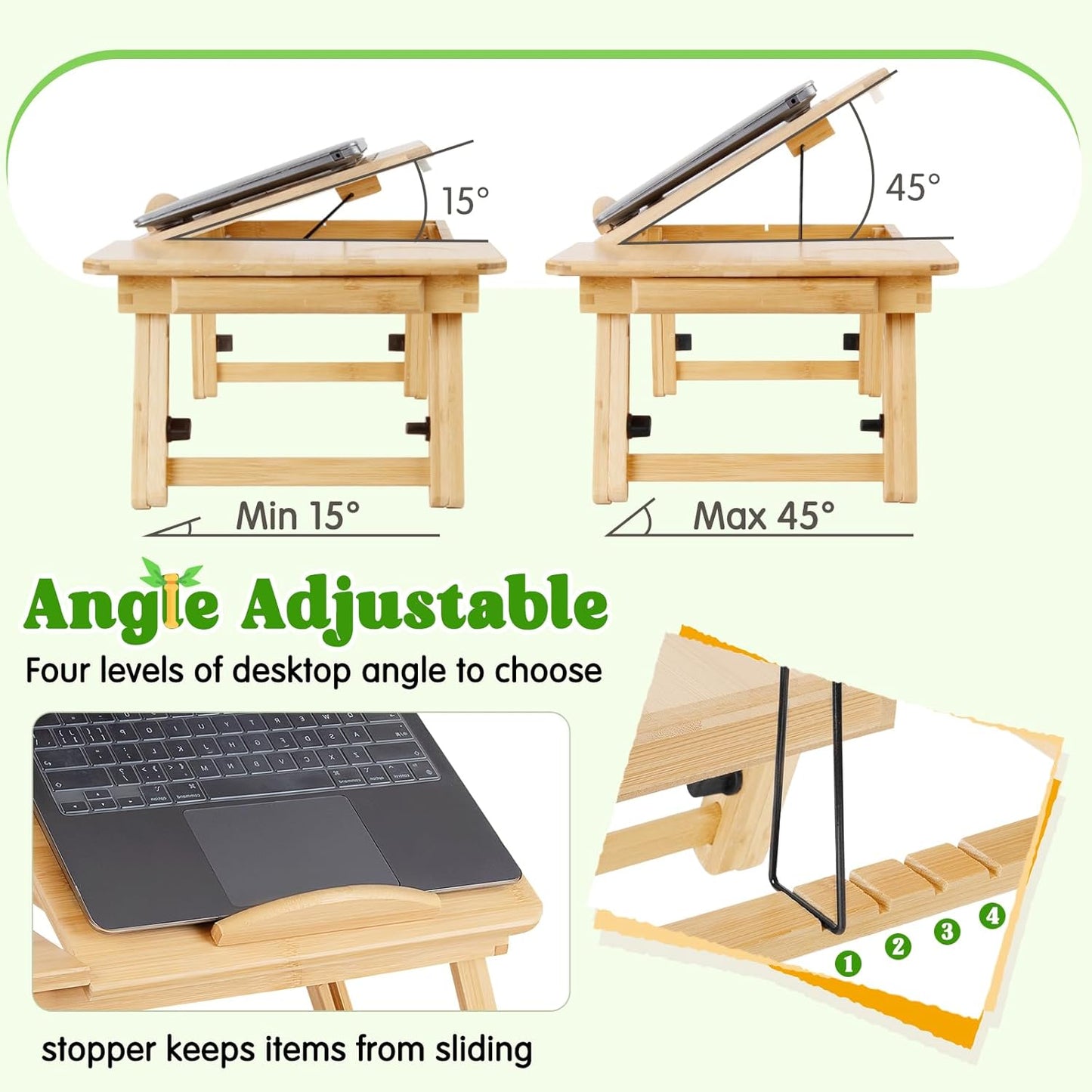 Bamboo Laptop Desk, Adjustable Foldable Bed Tray Table for Bed, Sofa, and Floor, Portable Lap Desk with Tilting Top & Drawer for Writing, Reading, Breakfast, Drawing, and Working