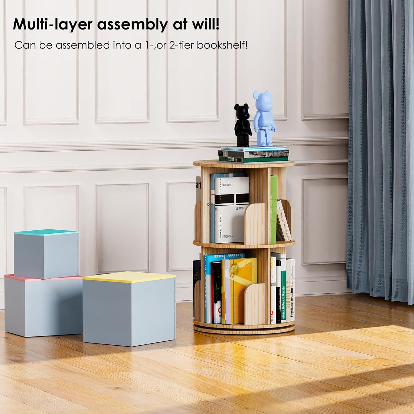 Small Rotating Bookshelf, 2 Tier Revolving Bookcase 360 Display Round Spinning Bookshelf Narrow Swivel Corner Book Shelf Standing Bookcase for Kids Bedroom, Living Room