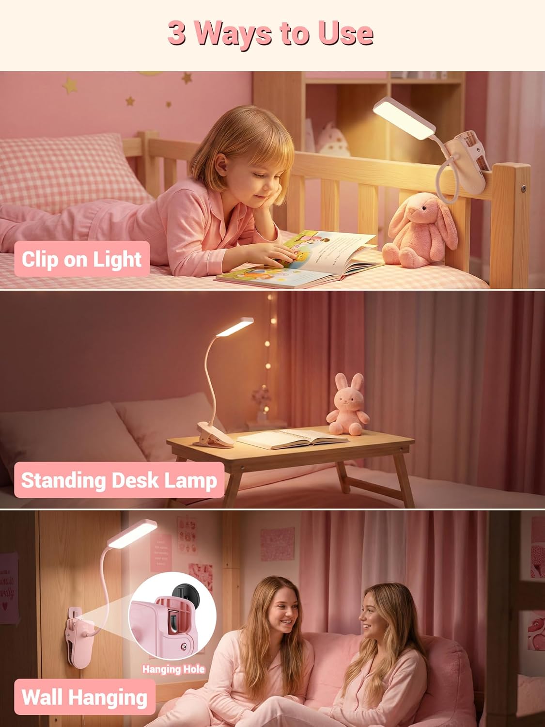 Pink Desk Lamp with Clamp Light,9 Brightness+5 Color Clip on Light,4000mAh Battery Rechargeable Desk Lamp Cute,48 LED Desk Light,Cordless Small Clip on Reading Light for Bed/Headboard/Bedside Table