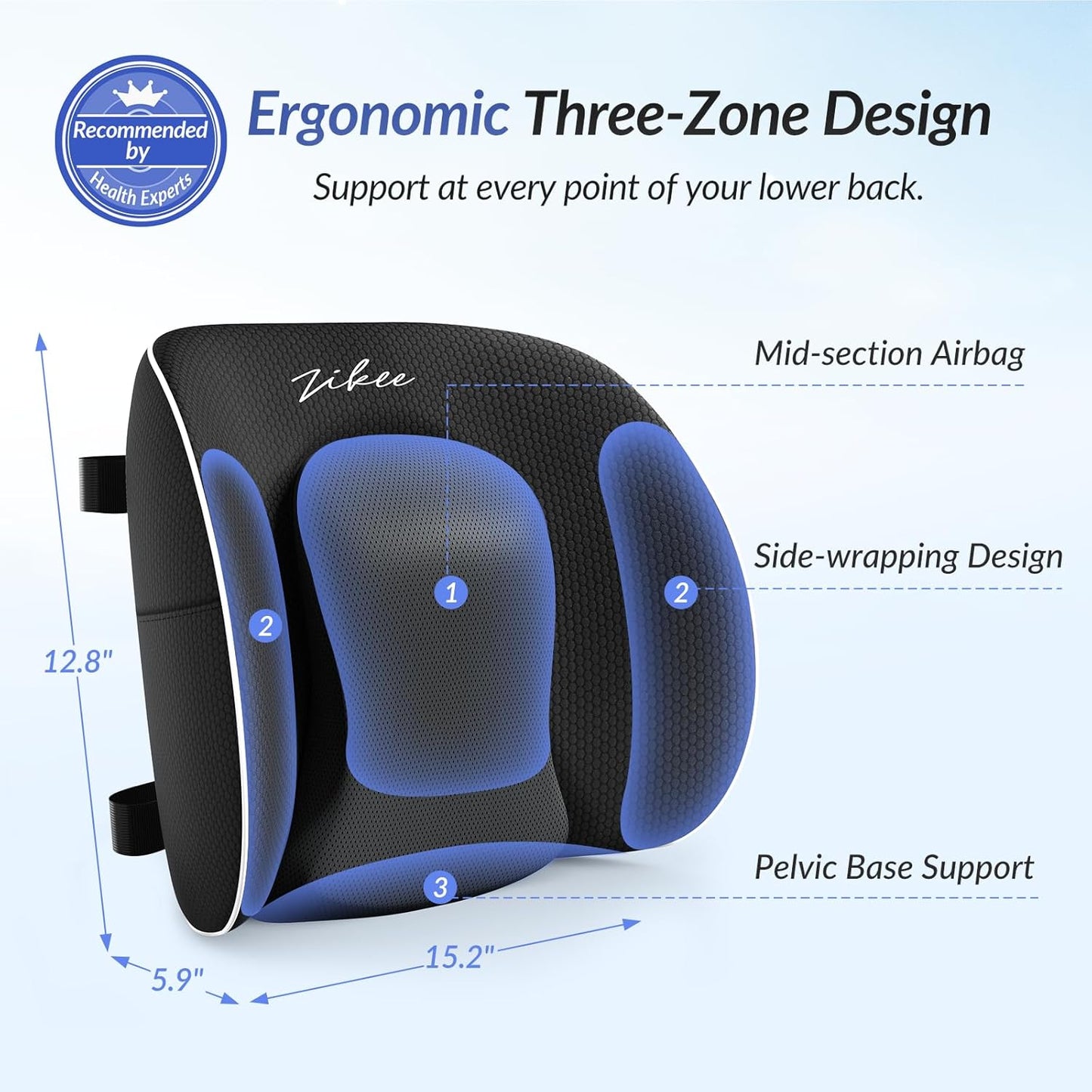 ZIKEE Lumbar Support Pillow for Office Chair and Car Seat with Aribag Design, Adjustable Back Support Lumbar Pillow with Memory Foam for Lower Back Pain Relief & Improved Posture, Dual-Strap Design