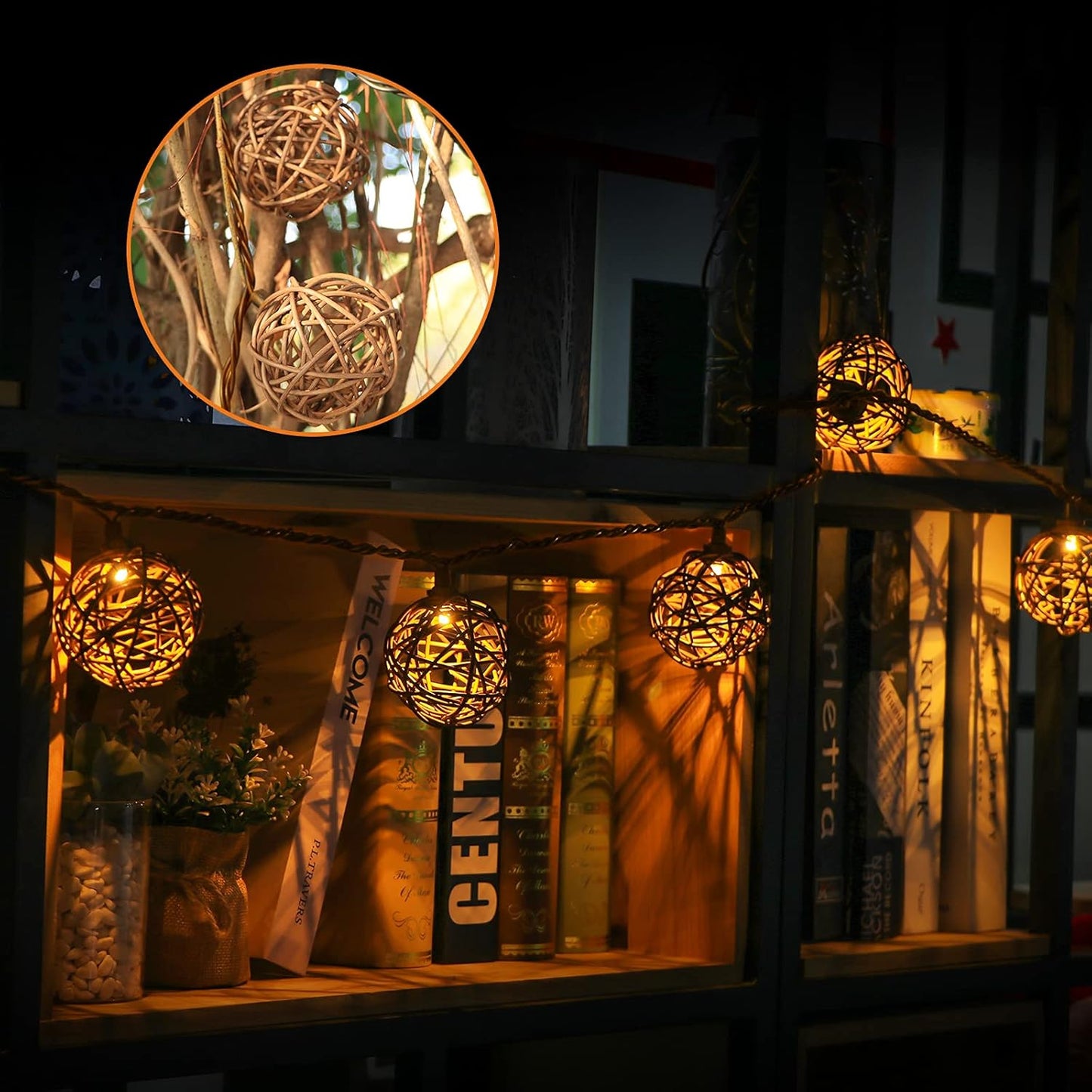 Vigdur Rattan Ball String Lights, Boho Lantern String Lights with 10 Led Bulbs Connectable, Indoor Outdoor String Light for Bedroom Wedding Garden Party Backyard Decor, 9.84FT