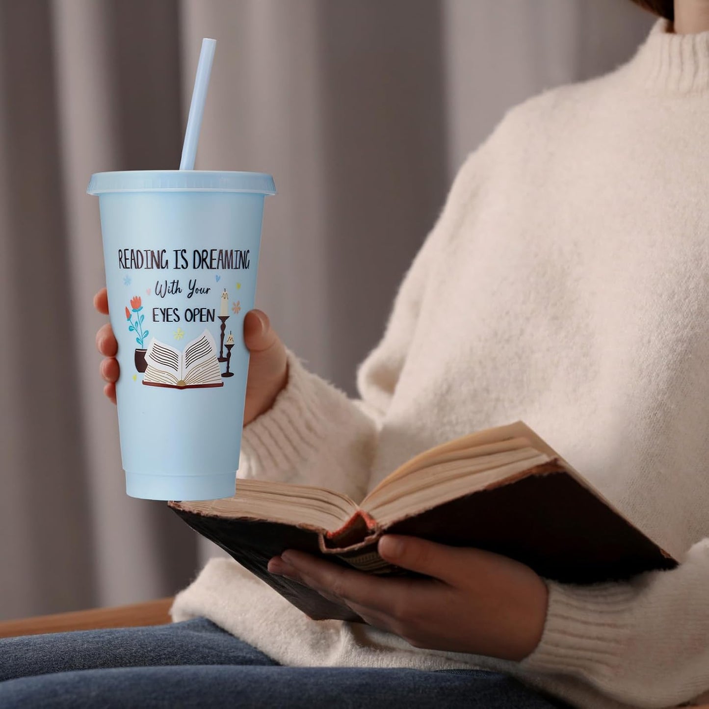 Chuangdi 12 Pcs Book Lovers Gifts 24 oz Reusable Plastic Tumbler with Lids and Straw Book Club Bookworms Gifts for Reader Librarian Office Coworkers (Multicolor)