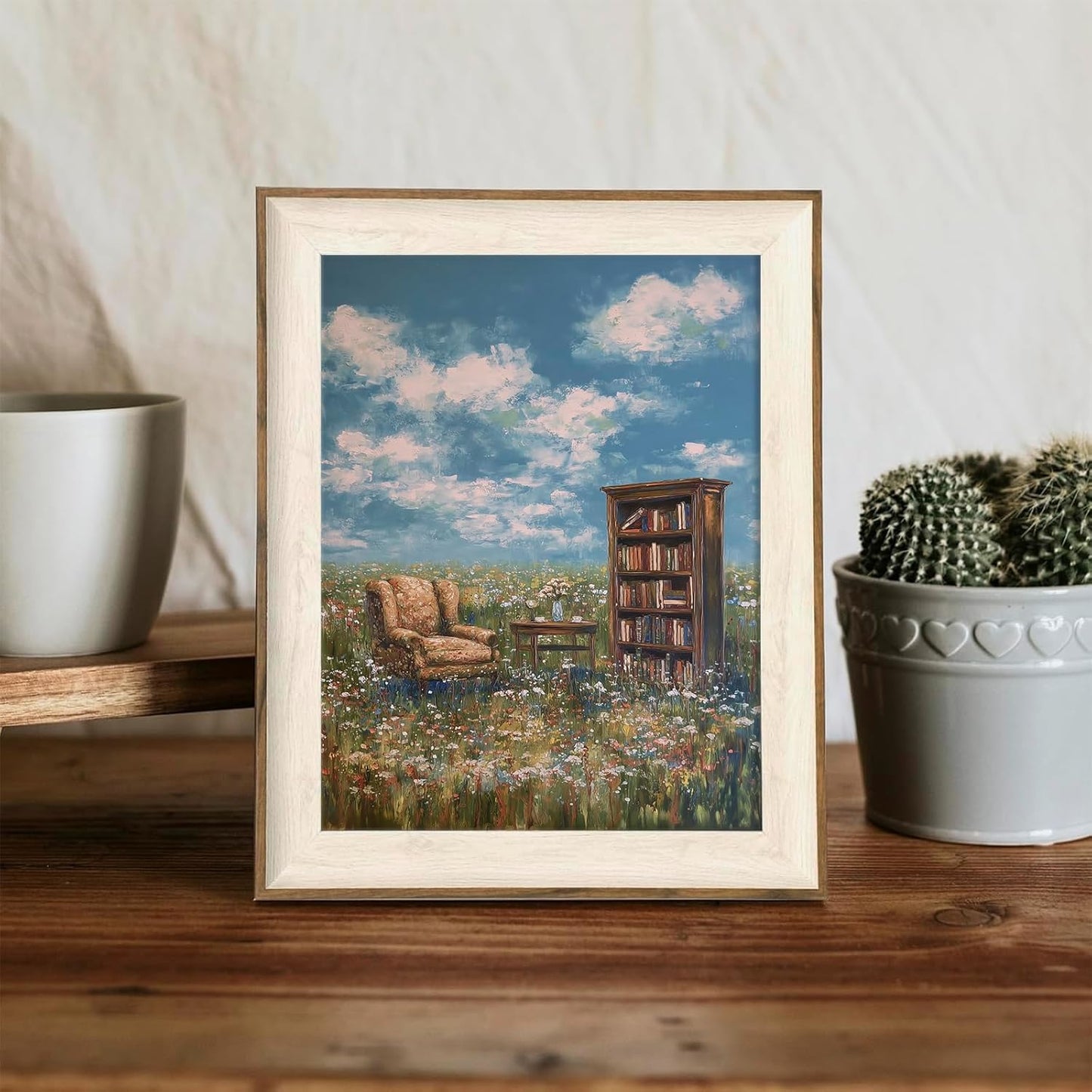 XOCUUI Vintage Whimsical Book Lover Wall Art, Impressionist Flower Field Painting Decor, Rustic Book Nook Canvas Prints, Bookish Gifts French Country Artwork for Bedroom Living Room 8x10 No Frame
