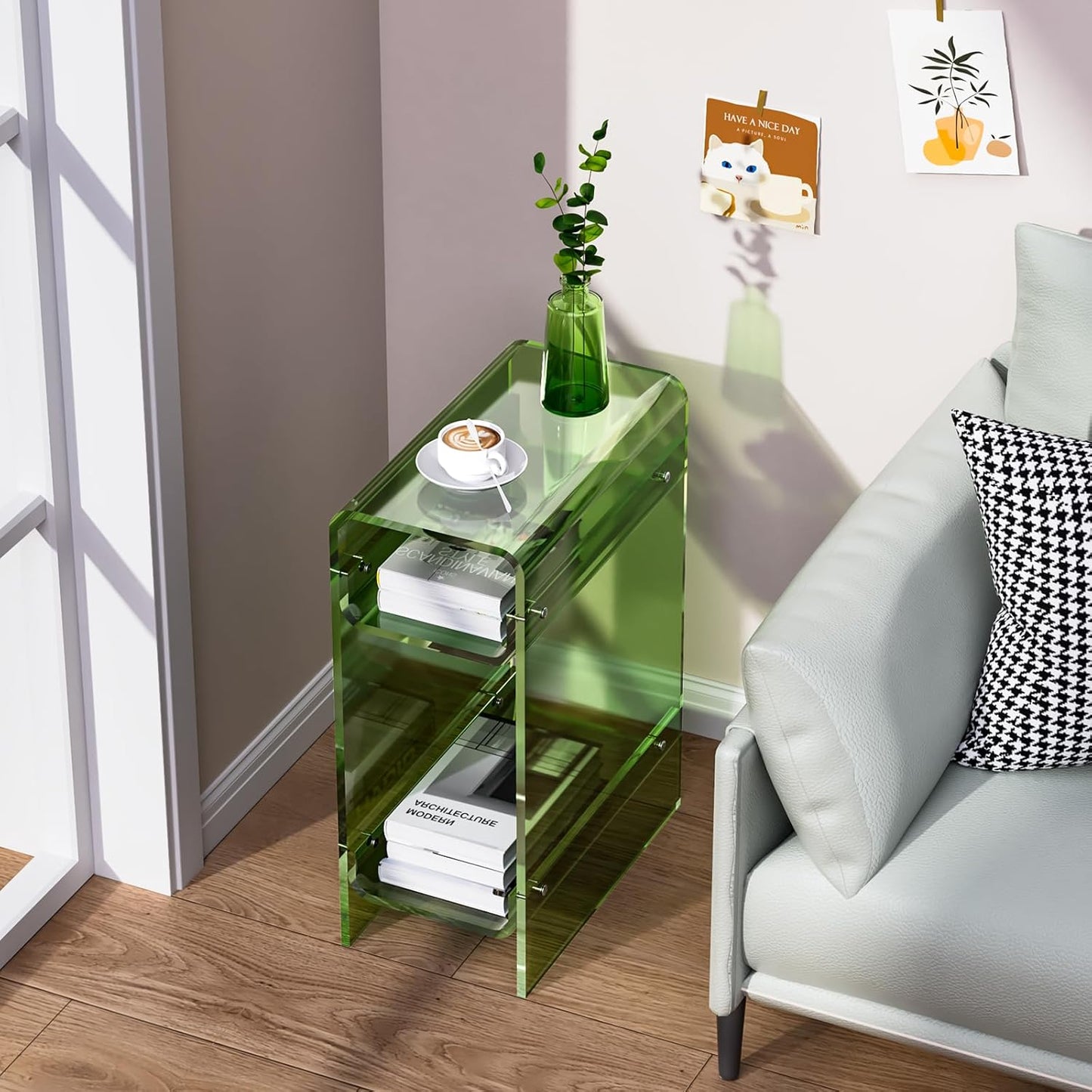 Clear Acrylic Side Table, Narrow Nightstand Bedside Table for Bedroom, Skinny Small End Table (Green, 8.7'' x 15.7'' x 21.7")