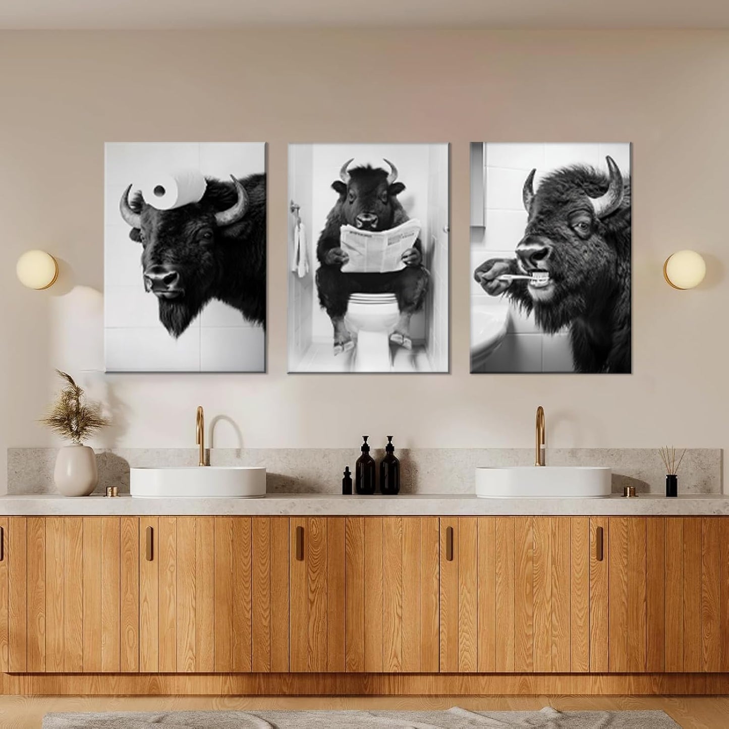 Funny Bison Bathroom Wall Art - 3 Piece Black and White Buffalo on Toilet Canvas Prints, Humorous Animal Pictures for Restroom Decor, 12x16 Inch Framed, Unique White Elephant Gift