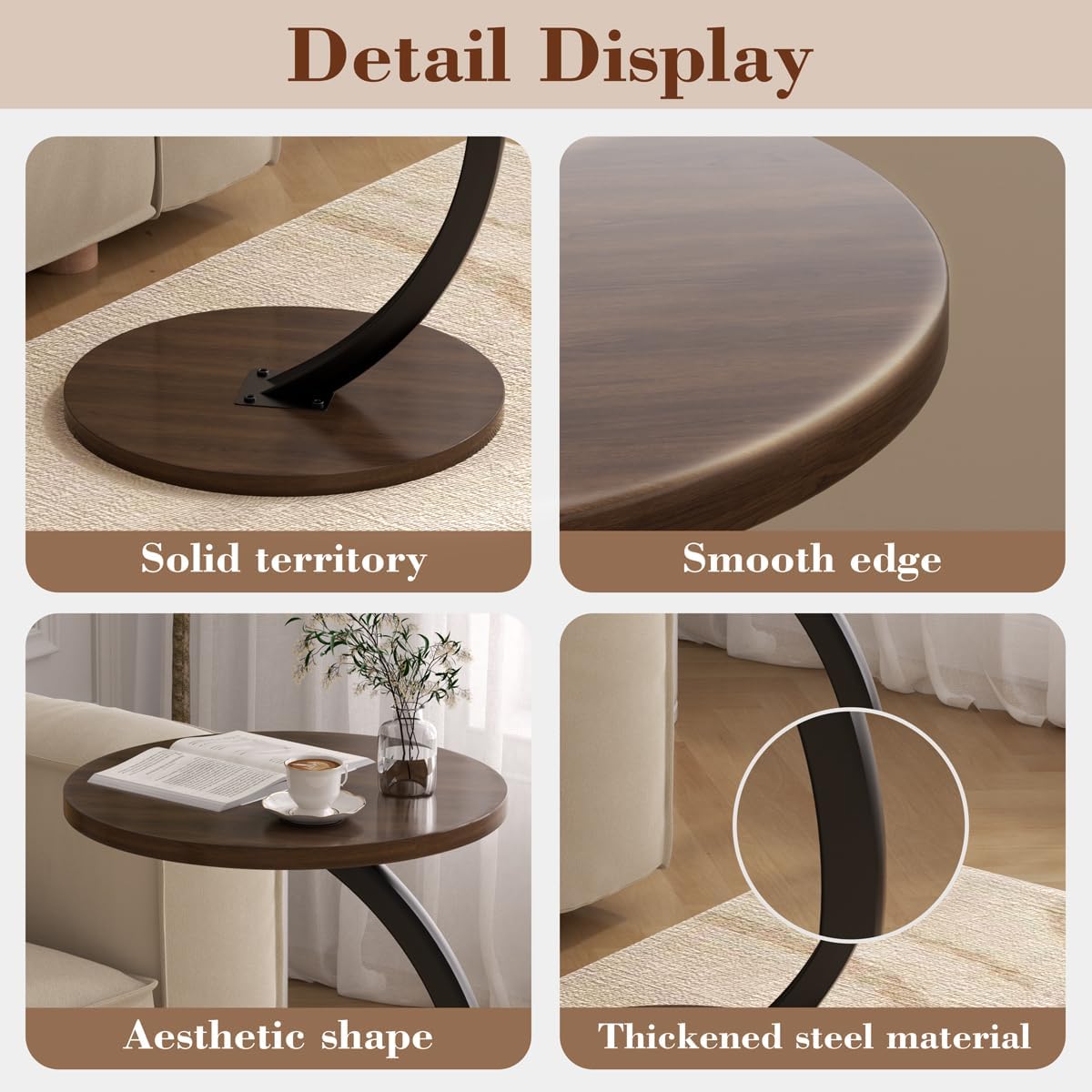Round Side Table, C Shaped End Table for Couch, Sofa and Bed, Mid Century Modern Small Bedside Table Nightstand for Living Room, Bedroom, Corners and Office(Walnut)