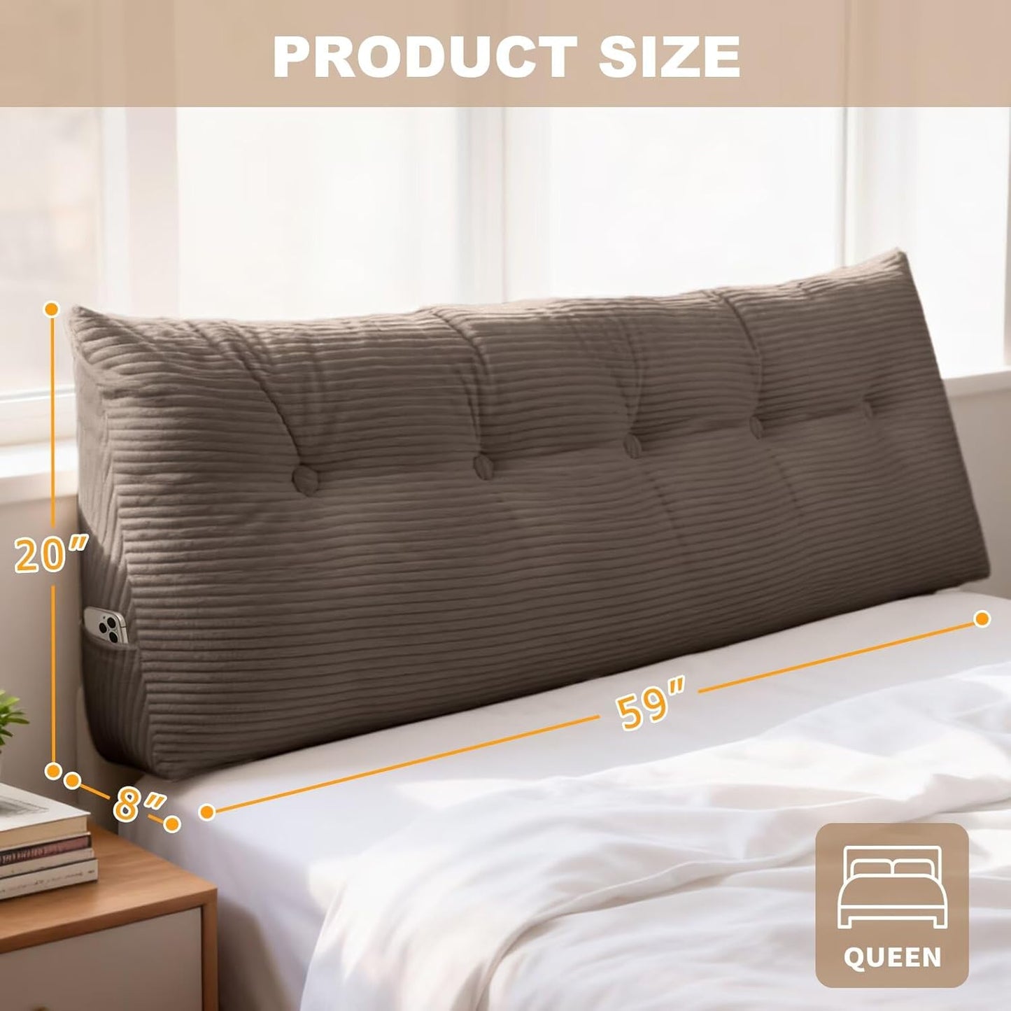 Wedge Pillow Headboard Queen Triangular Bed Wedge Pillow for Headboard, Headboard Pillow Reading Pillow for Daybeds and Bunk Beds with Removable Velvet Cover