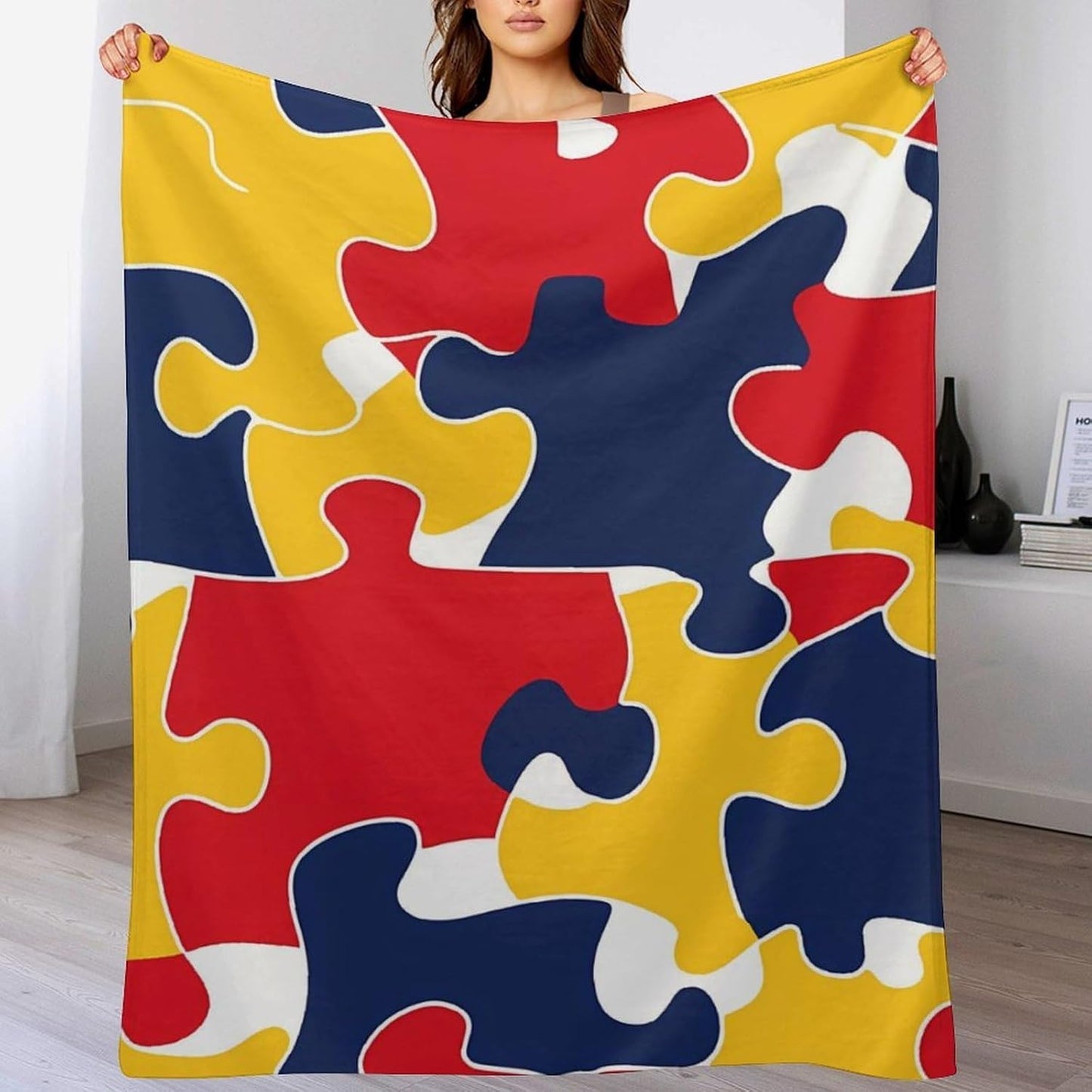 Autism Awareness Puzzle Throw Blanket for Couch Bed Plush Cozy Fuzzy Flannel Blanket for All Season 66"x90"