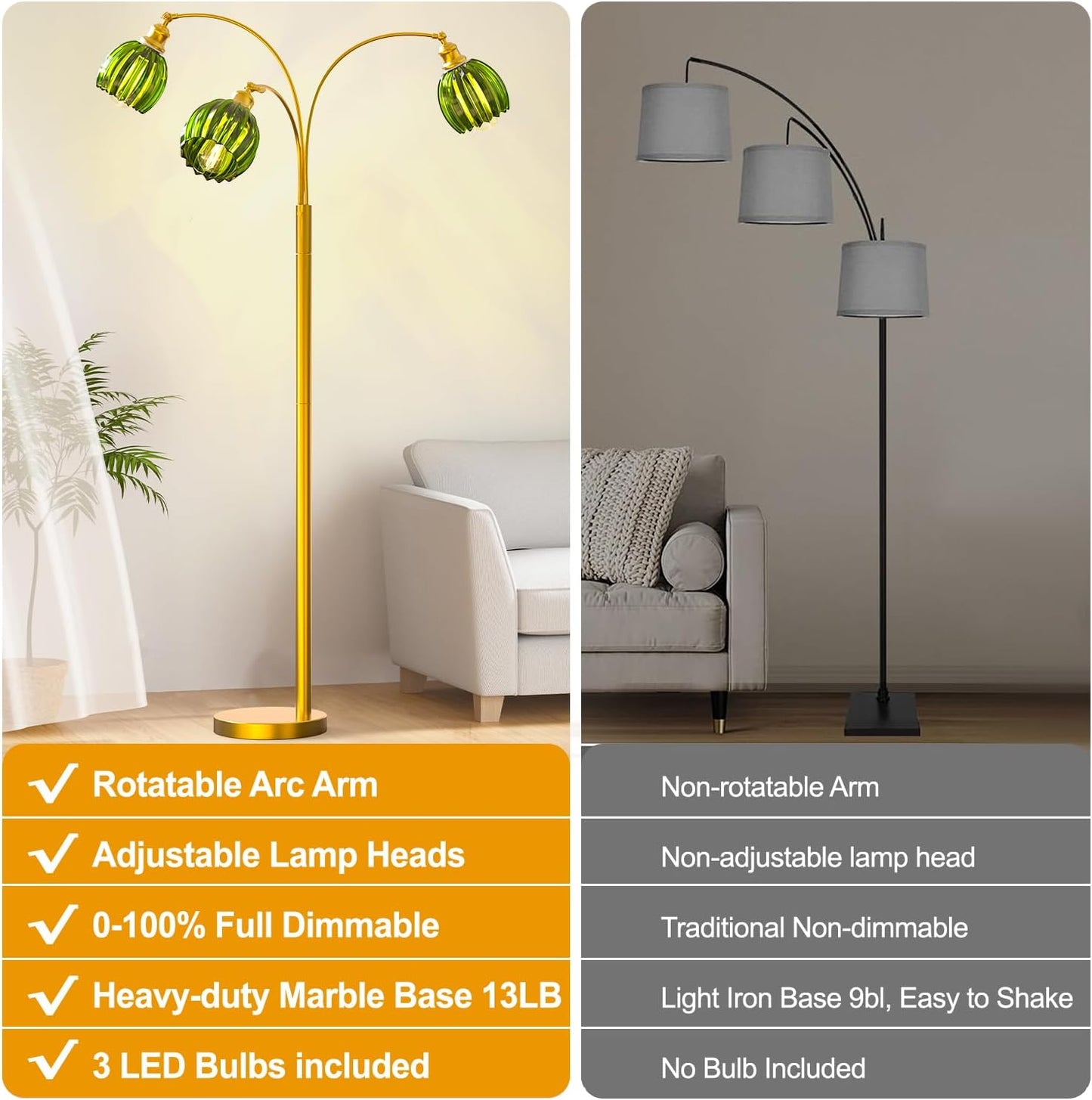 Arc Floor Lamps for Living Room, Gold Dimmable Floor Lamp with Green Flower Glass Shades and 3 Brightness Lights, Adjustable Arm, Modern Tree Tall Standing Lamp Corner Arched Light for Bedroom Decor