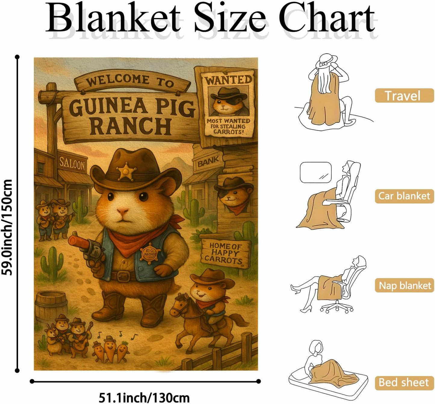 Guinea Pig Blanket 50x60 – Flannel Fleece Throw, Cute Western Sheriff Cavy Print, Cozy Sofa Bed Decor, Animal Lover Gift, Machine Washable