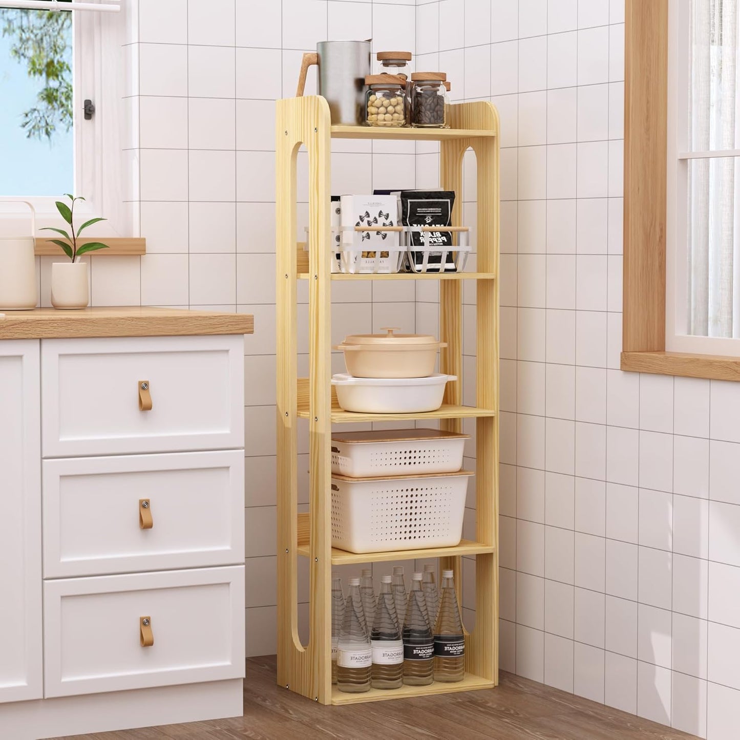 5 Tier Tall Solid Wood Bookshelf - Narrow Open Shelf Wooden Bookcase, Floor Standing Display Storage Rack Bookshelves, Large Rustic Corner Book Storage Organizer for Bedroom, Study Home Office