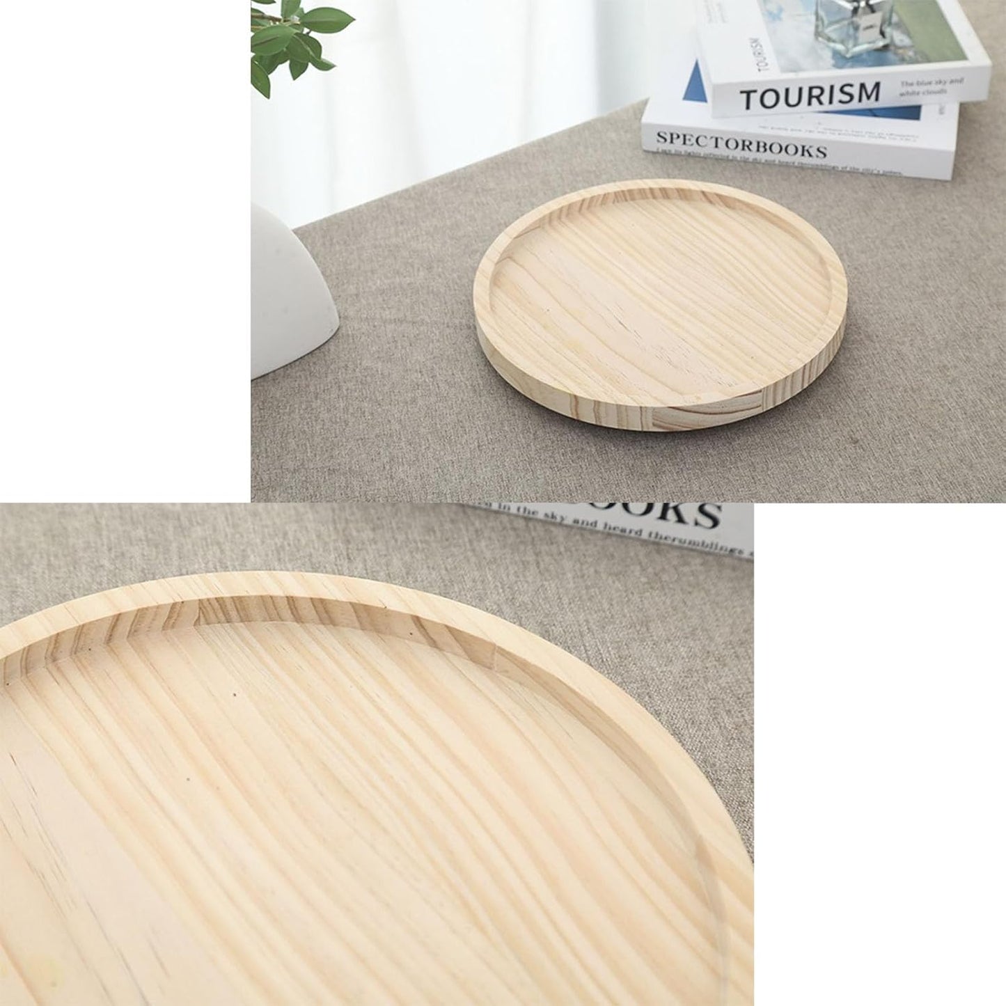 10 Inch Round Sofa Arm Tray, Natural Wood Couch Armrest Table, Clip On Side Table for Wide Couch Arm