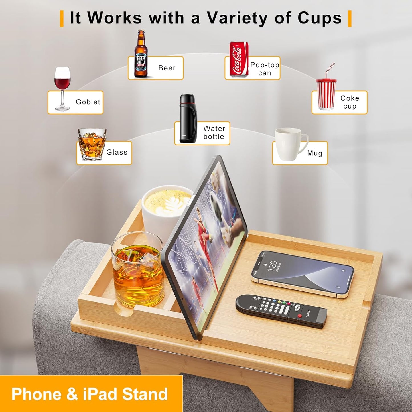 Bamboo Couch Cup Holder Tray - 2 in 1 Couch Armrest Table with Be Slide-Away Detachable Double Holder - Sofa Armchair Caddy for Drinking Snacks iPad TV Remote