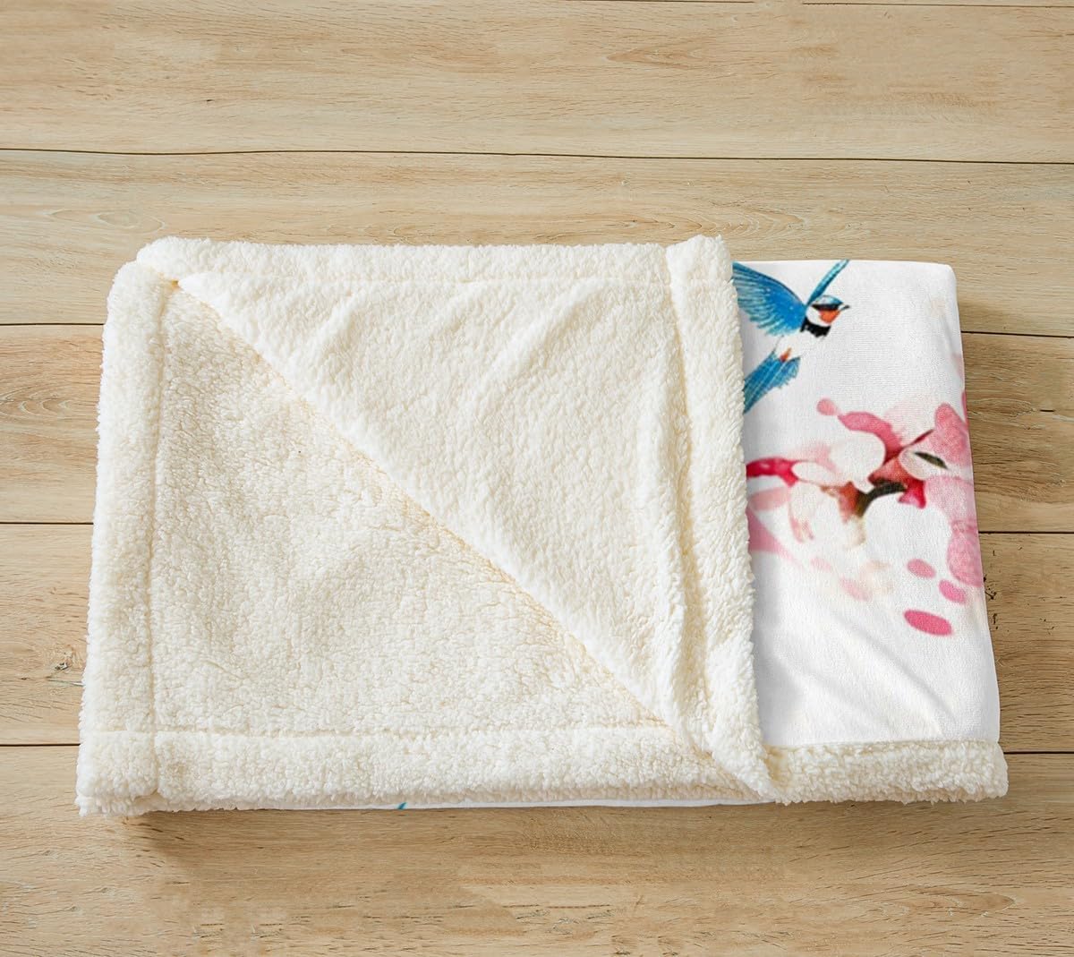 Blue Bird Bed Blanket Peach Blossom Throw Blanket Lightweight Soft Cozy Luxury Pink Flowers Fleece Blanket Cartoon Birds Flannel Blanket for Sofa Bedroom Office Travel All Season(Twin 60"x80")
