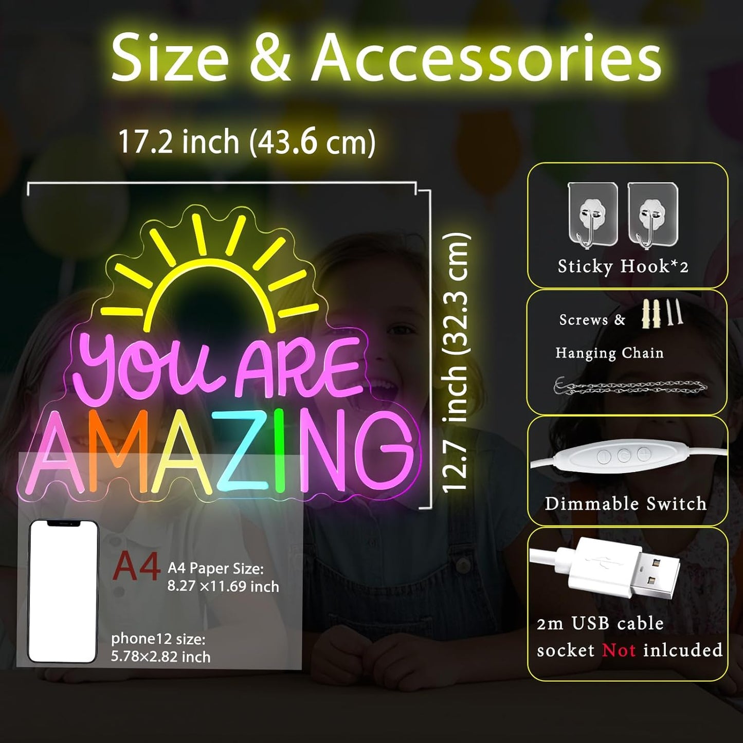 You Are Amazing Neon Sign, LED Classroom Neon Signs for Wall Decor, Dimmable Valentines Day Light up Sign for Bedroom, Motivational neon sign for Wedding Valentines Classroom Christmas Birthday Gifts