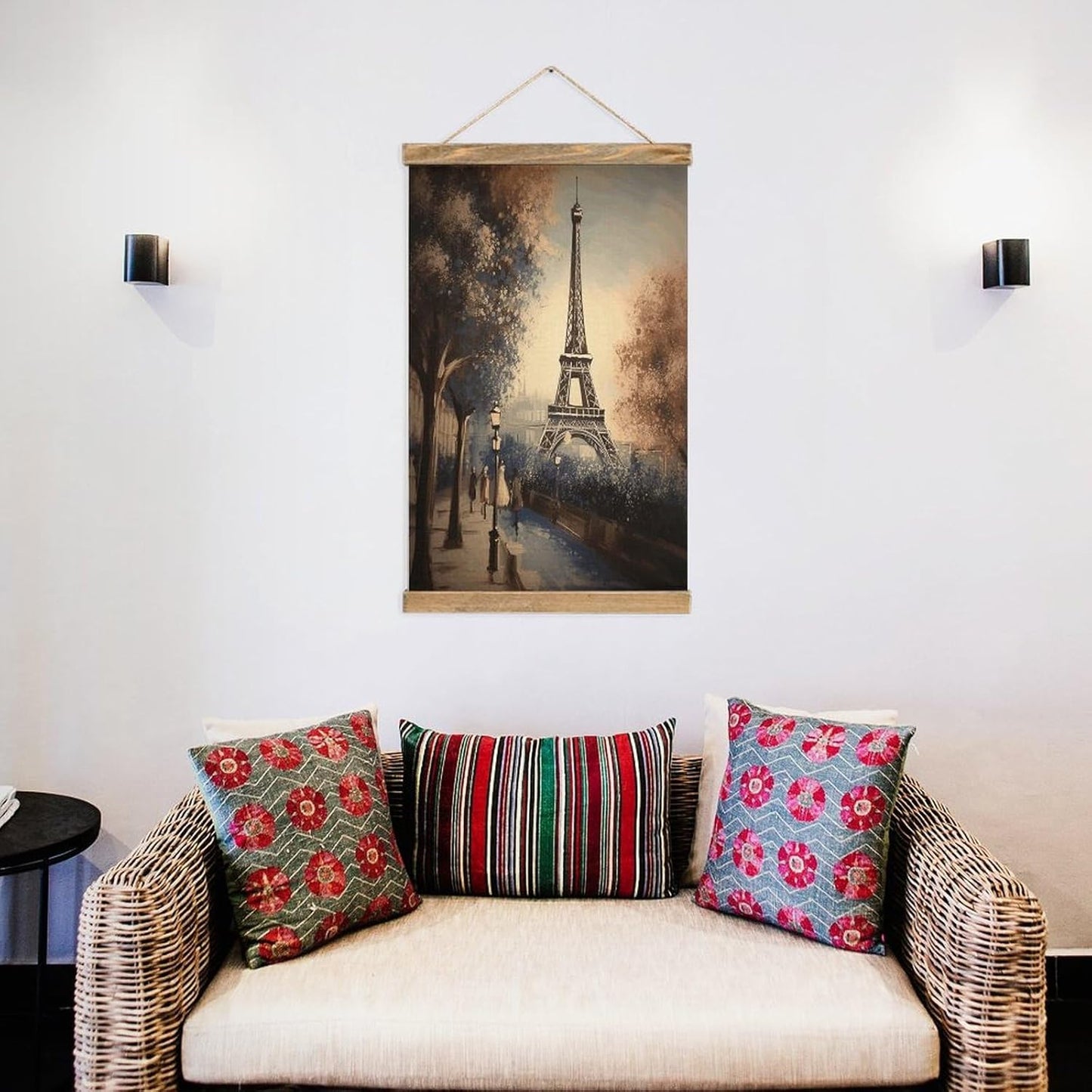 Vintage Romantic Paris Eiffel Tower Poster with Wooden Frame Personalized Linen Hanging Scroll Painting Rustic Wall Hanging Illustrative Modern Artwork Decor for Home Living Room Bedroom Office