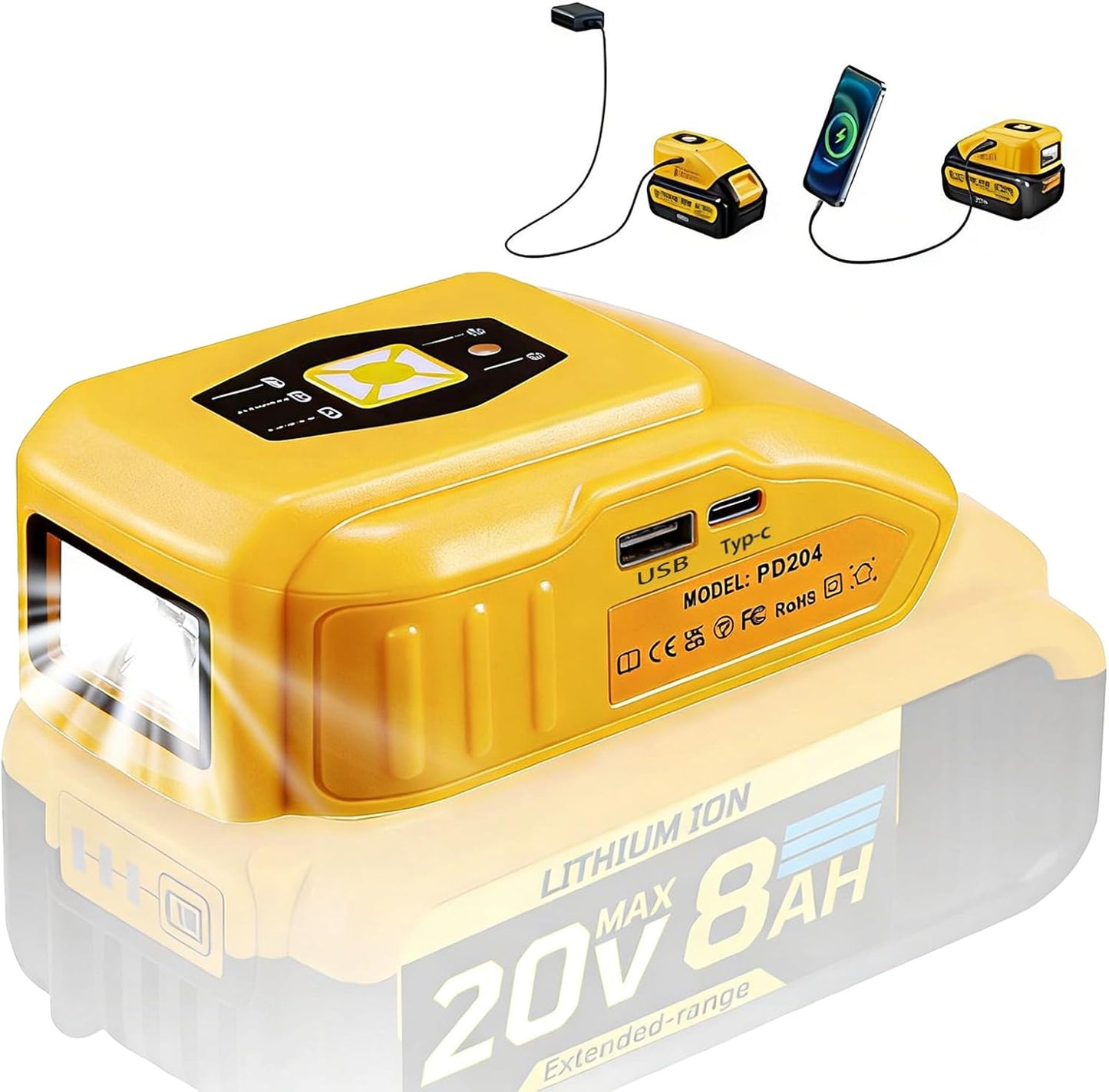 33W Portable USB Max Charger Adapter for Dewalt 20V/60V/18V/14.4V Battery, Compatible with Dewalt 20 Volt Battery with Type-C Fast Charging Input & USB Ports Output (USB Charger【LED Light】)