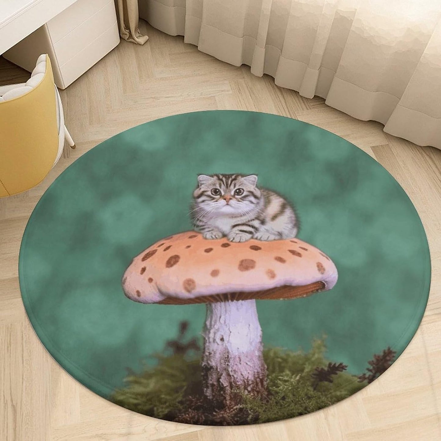 Cat on Mushroom Circle Rug Retro Luxury Coral Velvet Floor Mat Non Slip Soft Indoor Floor Carpet Comfy Thickened Area Rugs Modern Aesthetic Minimalist Carpets for Home Decor