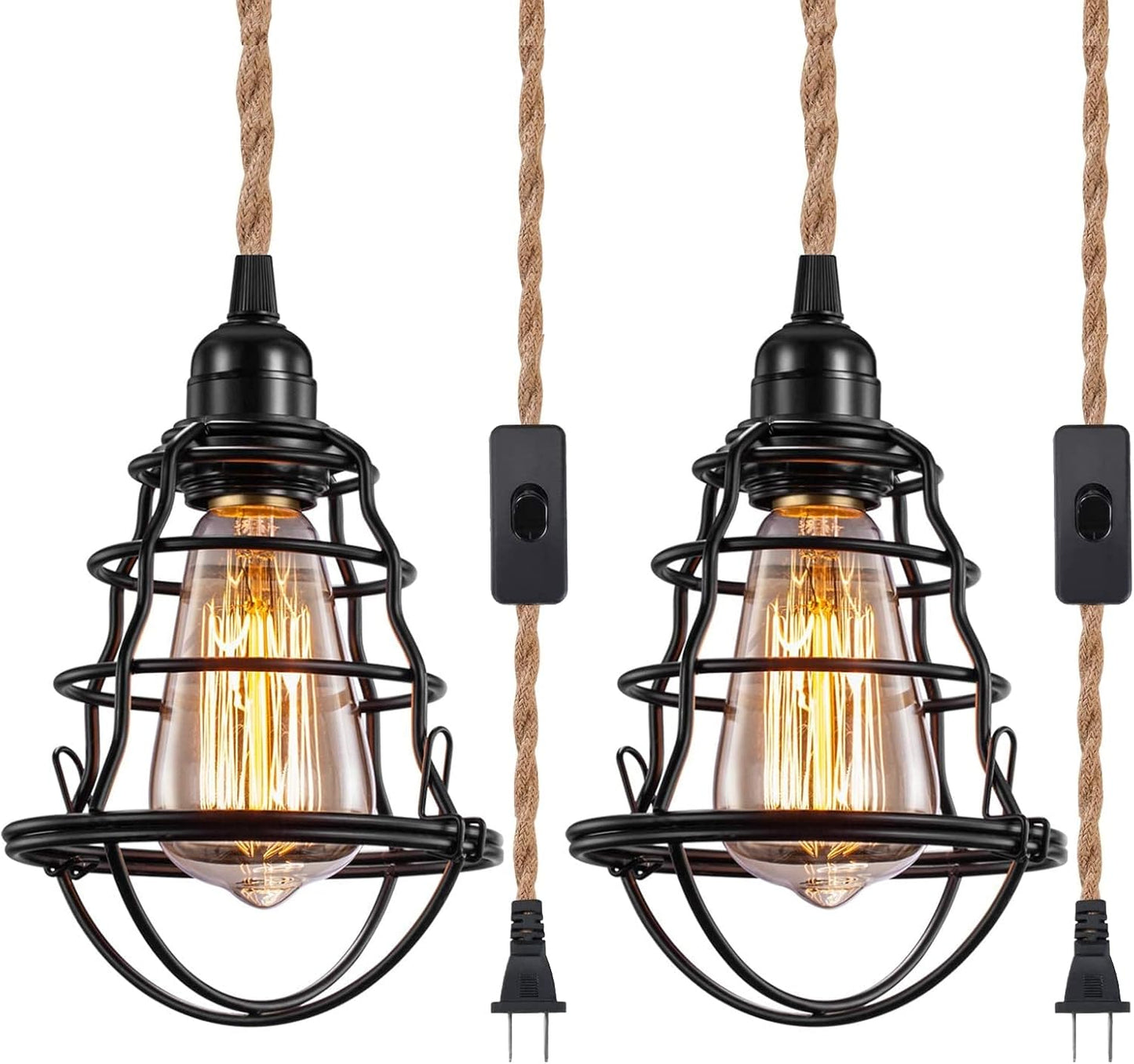 Asnxcju Industrial Plug in Pendant Light, Vintage Hanging Lights with Plug in Cord, Metal Cage Hanging Lamp with 13ft Hemp Rope Plug in Pendant Lighting Fixture On/Off Switch 2 Pack