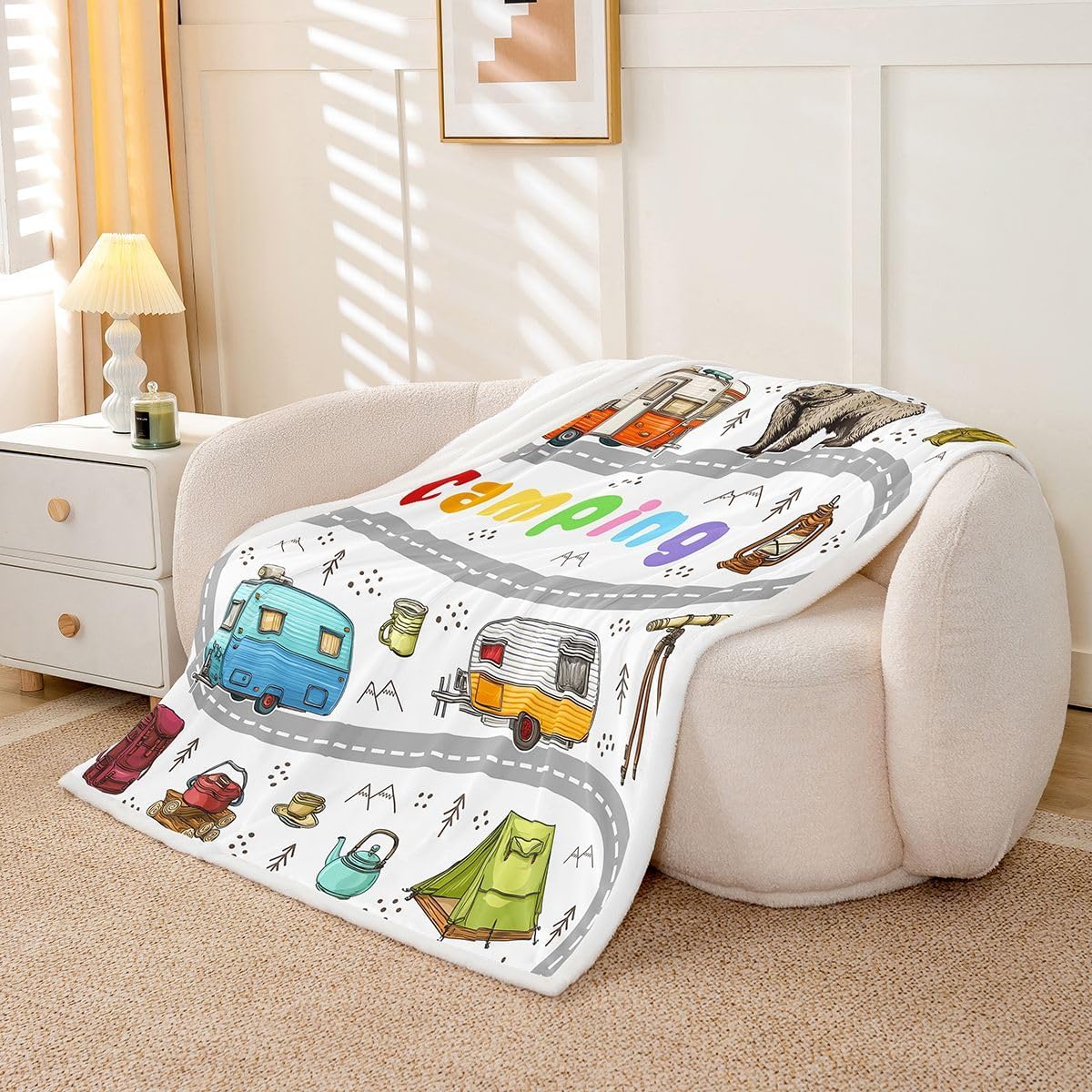 Feelyou Cute Rv Camping Camper Sherpa Throw Blanket for Couch Wildlife Animal Bear Super Soft Cozy Fleece Camping Adventure Blanket for Winter, Plush Throw Throw 50"x60" All Season