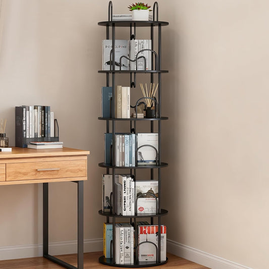 5 Tier Rotating Bookshelf, 360° Spinning Bookshelf Tower, Narrow Corner Book Shelf, Revolving Bookcase Corner Tall Book Shelf for Small Spaces, Bedroom, Living Room, Black