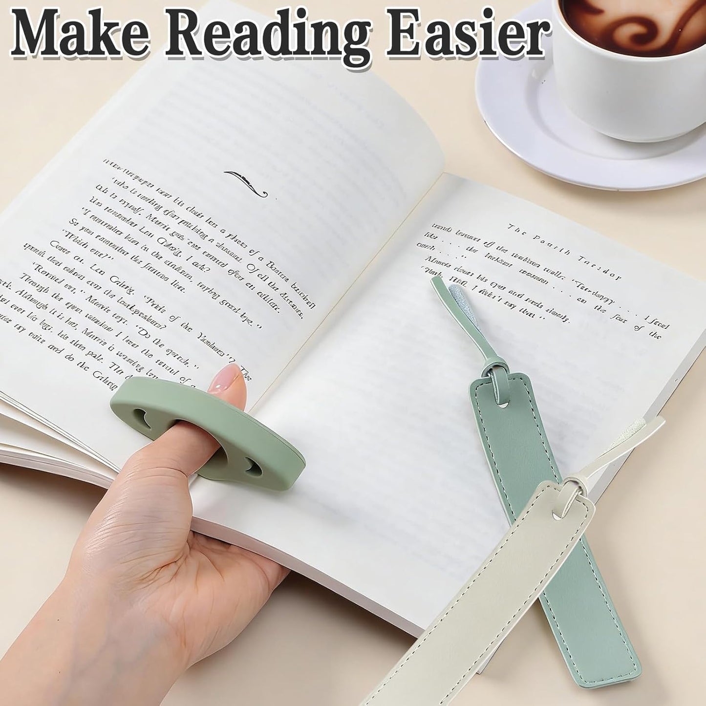 4Pcs Book Page Holder Set, 2Pcs Silicone Thumb Book Page Holder with 2Pcs Leather Bookmark - Hands-Free for Reading, Ergonomic Clip for Books, Assist Reading While Cooking or at Coffee Shop