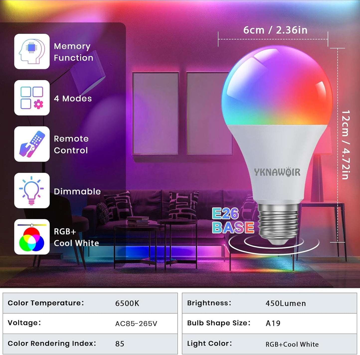 Color Changing Light Bulb, RGB LED Light Bulb, Dimmable A19 5W 6500K, E26 Colored Light Bulbs, Multicolor Light Bulb for Party Bedroom Home, 16 Color Choices - Remote Control