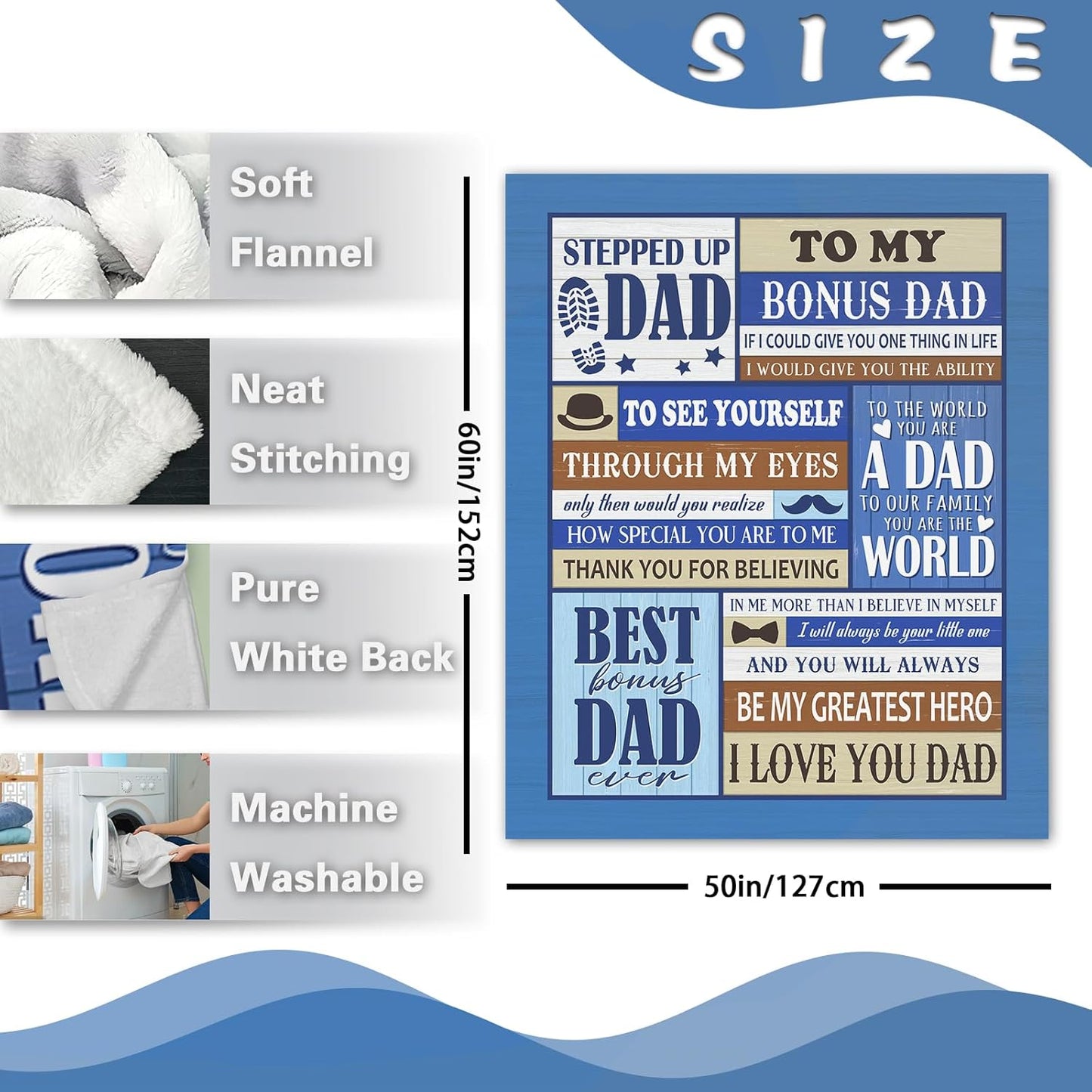 Bonus Dad Gift from Daughter Son Flannel Throw Blanket, for Stepped up Dad, Birthday Ideas for Men, Blue Soft Farmhouse Bedding Sofa Blankets Present 50 x 60 in