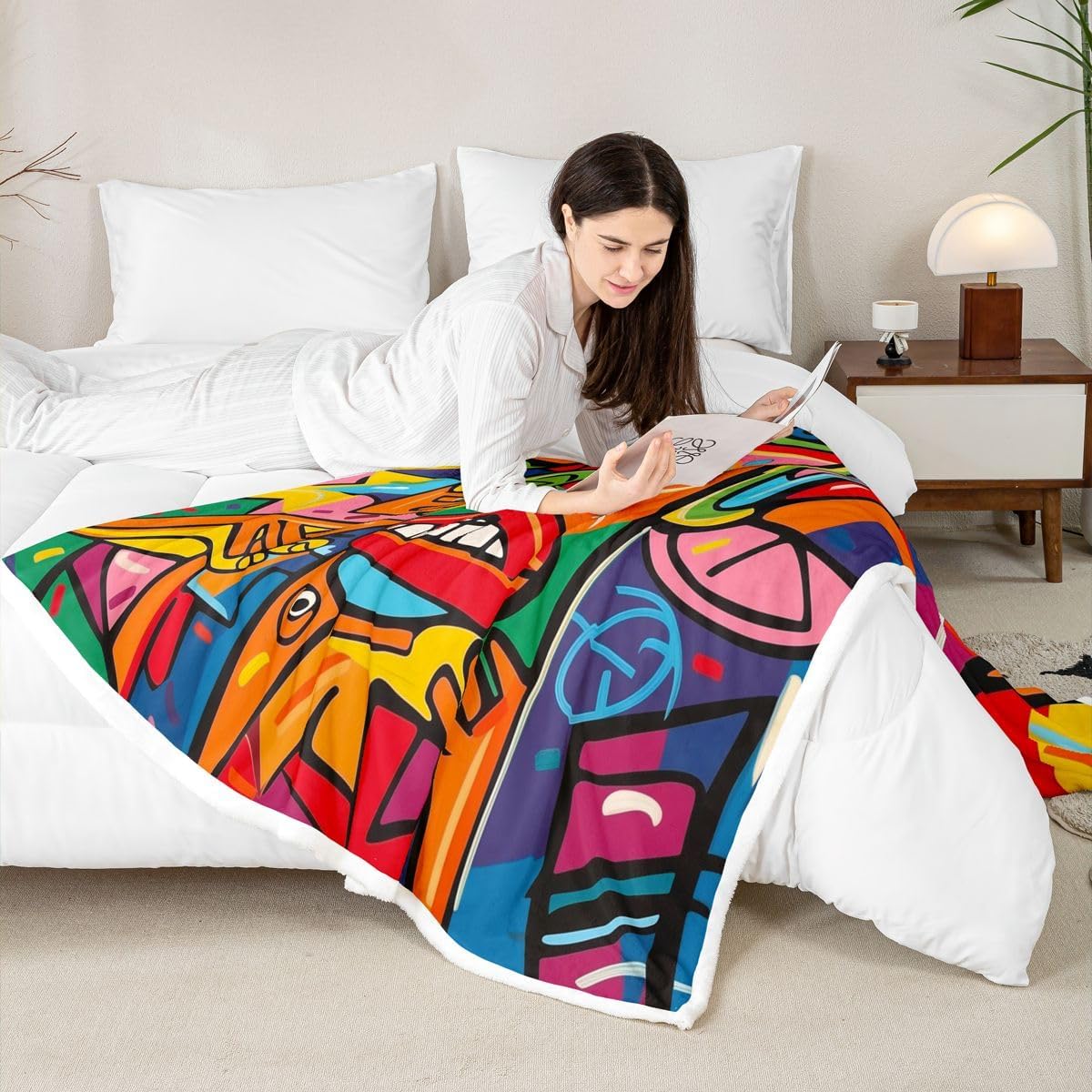 Castle Fairy Graffiti Art Throw Blankets,Abstract Human Pattern Fleece Blanket,Kids Girls Boys Adult Urban Street Painting Art Fuzzy Blankets Modern Hippie Sherpa Blanket Chair Sofa Bed Decor,90"×90"