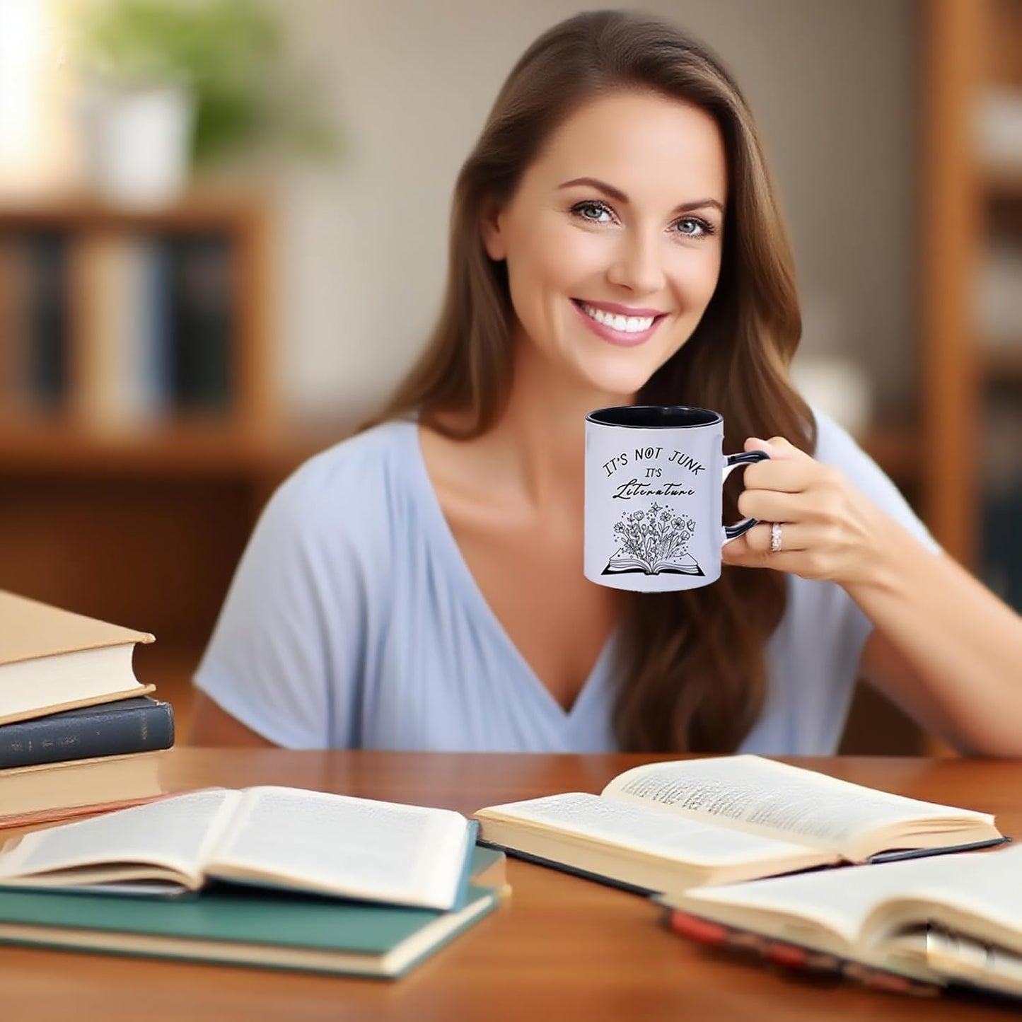 Funny Book Lover Coffee Mug, “It’s Not Junk It’s Literature” Ceramic Cup Gift for Readers, Writers, Teachers, Students, Bibliophiles, Book Club, Office Desk, 11 oz Novelty Cup