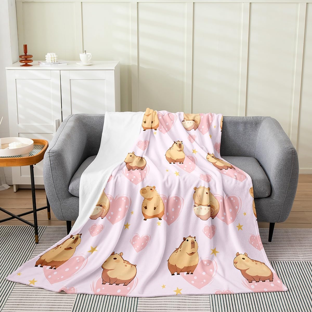 Erosebridal Capybara Throw Blanket for Kids Boys Girls,Cartoon Animal Fleece Blanket,Pink Love Heart Flannel Blanket,Cute Capybara Bed Blanket for Bedroom,All Season,Queen 90x90 inch