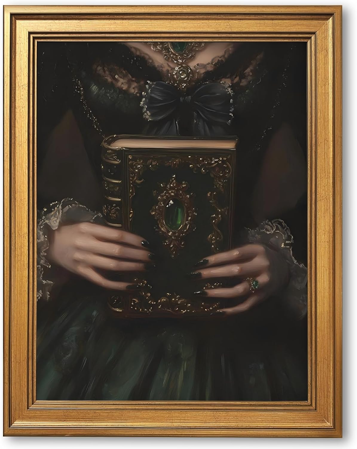 LEKDRA Large Framed Wall Art Vintage Gothic Witchy Poster Canvas Print Dark Academic Victorian Aesthetic Painting Emerald Green Bookish Coquette Pictures Wall Decor for Bedroom 24x36inch Golden Frame