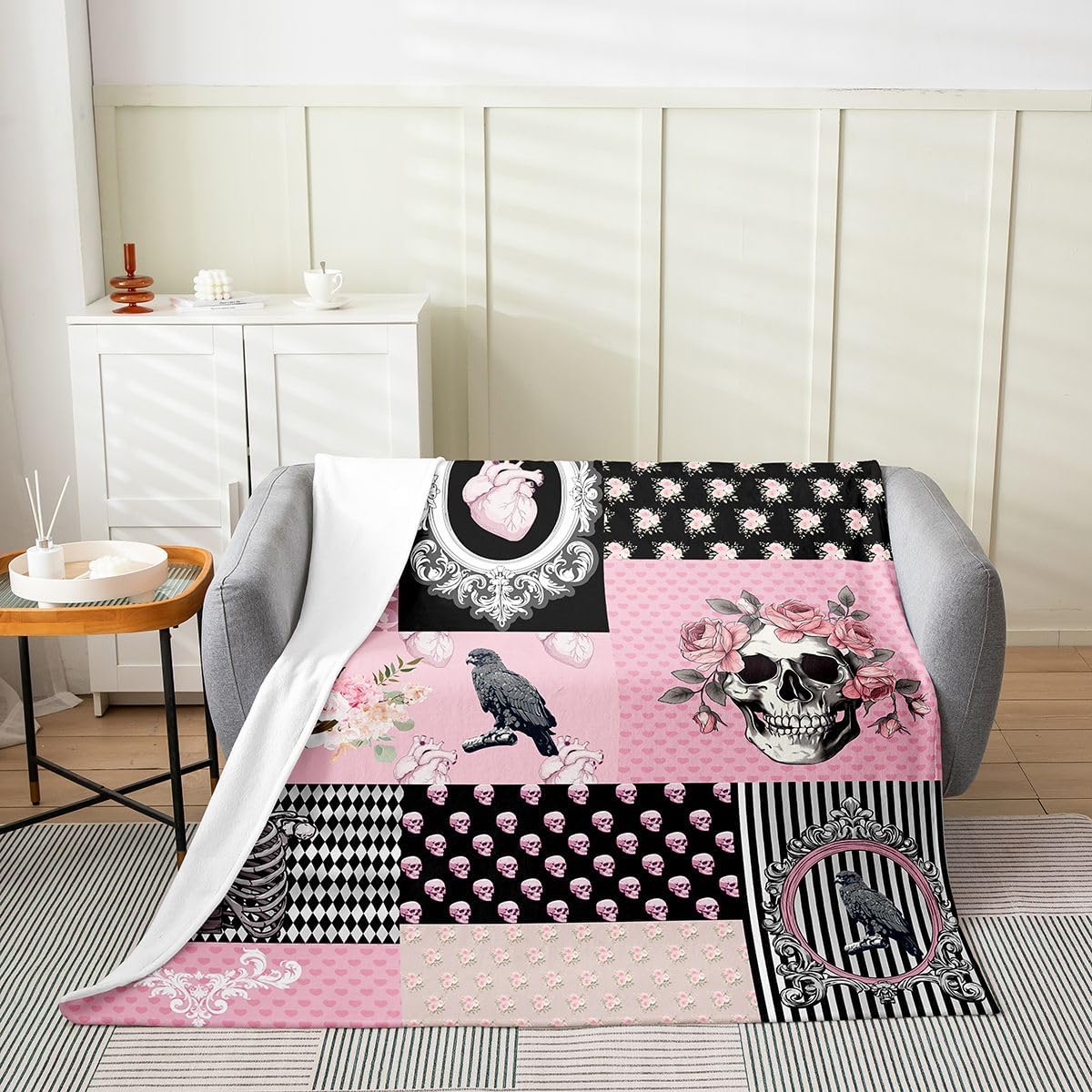 Erosebridal Sugar Skull Throw Blanket, Halloween Skelebone with Flowers Fuzzy Blanket, Garden Pink Rose Floral Flannel Blanket for Bed Couch, Geometric Honeycomb Plaid Fleece Blanket, Queen Size