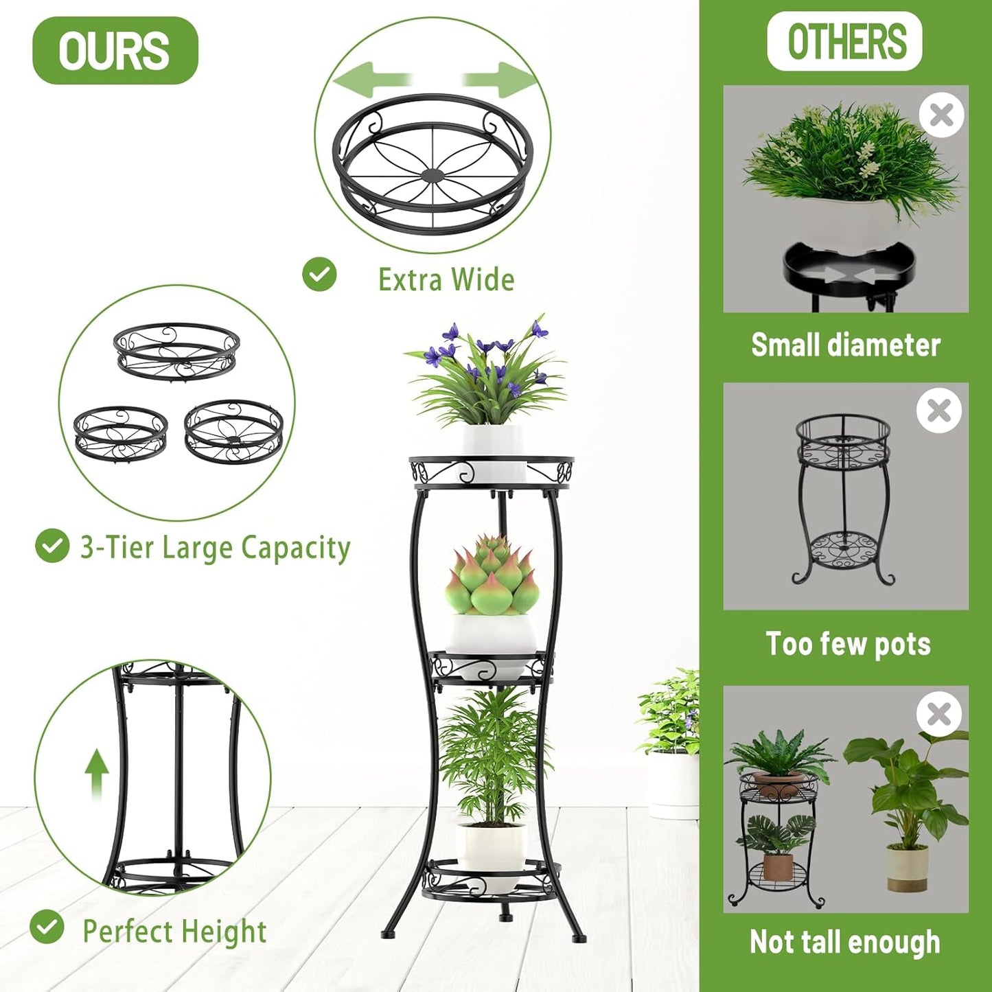 iDavosic.ly 3 Tier Tall Metal Plant Stand Indoor Outdoor, Wrought Iron Corner Flower Pot Holder Shelf, 34 Inch Vertical Display Rack for Patio Porch Living Room Garden, Black
