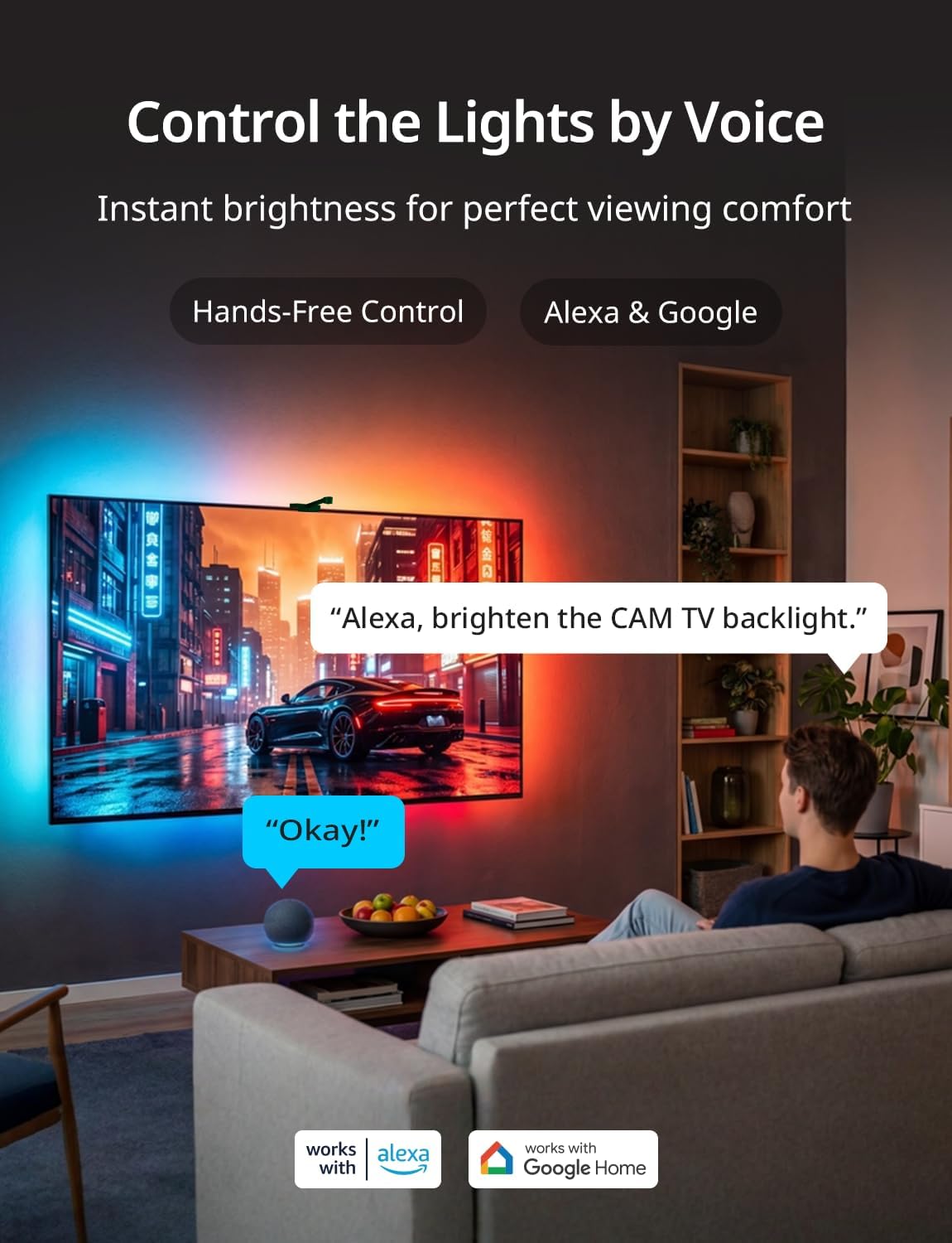 Ailofy TV Backlight with Camera, 12.5ft LED Strip Lights Behind the Monitor, Sync to 55-65 inch TVs Screen, Movie Game Mode, Color Changing TV Lights, Work with Alexa&Google Assistant, App Control