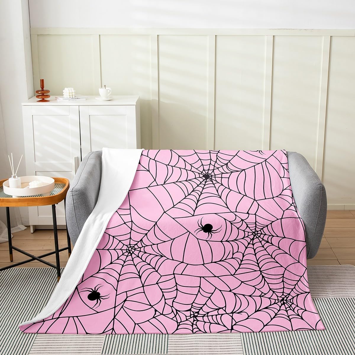 Feelyou Kids Pink Halloween Flannel Throw Blanket Baby 30"x40" Pink Spider Web Fleece Throw Blanket for Girls Teens BedHalloween Spider Plush Blanket Women Pink Black Fuzzy Blanket Baby 30"x40"